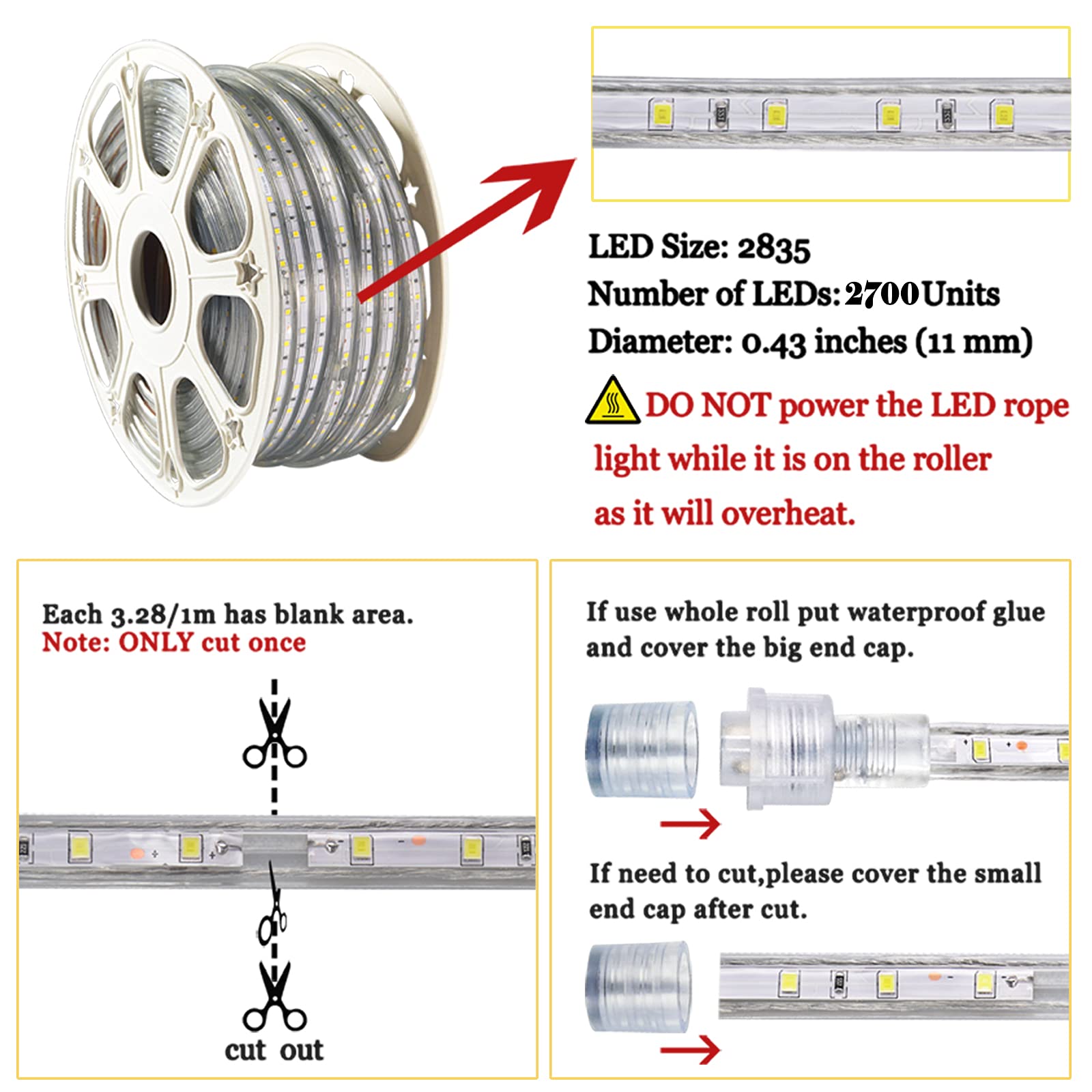 150ft Flat Outdoor Rope Lights Waterproof: 110V Cool Warm White LED Strip Light - Cuttable Connectable Lights for Deck Patio Sta