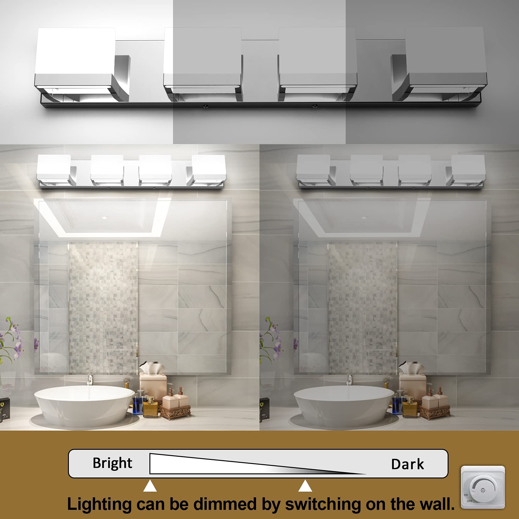 Tipace Dimmable 4 Lights LED Vanity Light Fixture - Chrome Stainless Steel for Bathroom, Model 1103, White Light 6000K
