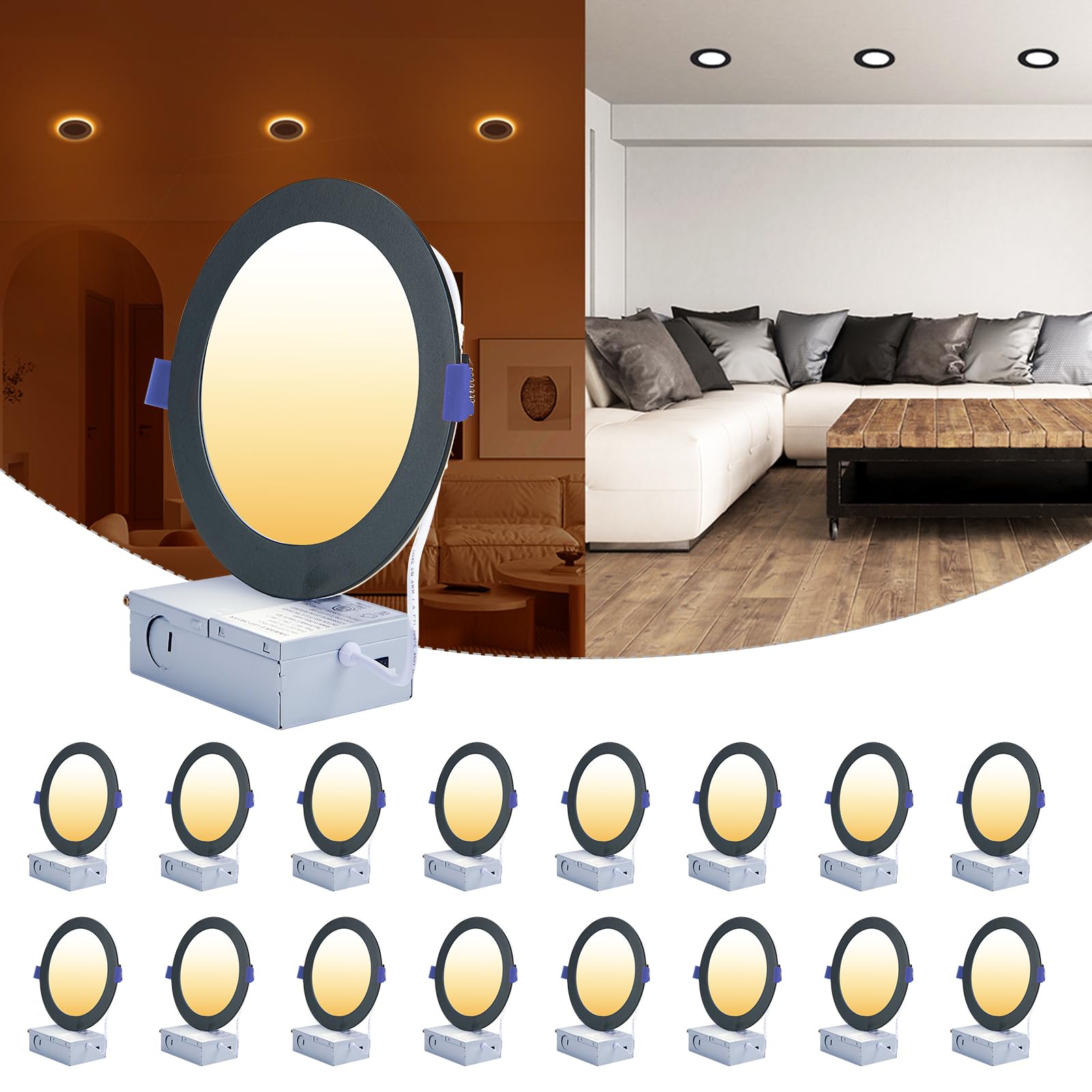 CycevSun Black Recessed Lights 6 Inch with Night Light 16 Pack, Dimmable & 5 Color Selectable, Canless Ultra Thin Wafer Downligh