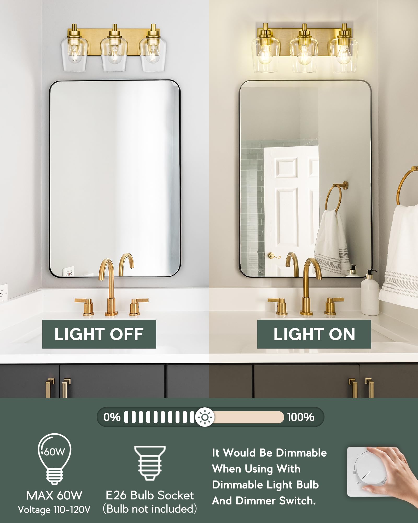 Metwet Bathroom Light Fixtures  3-Light Modern Vanity Light With Clear Glass Wine Glass-Shaped Shade  Vanity Lighting Fixtures Over Mirror  Brushed Gold  Vl155-Bg-3