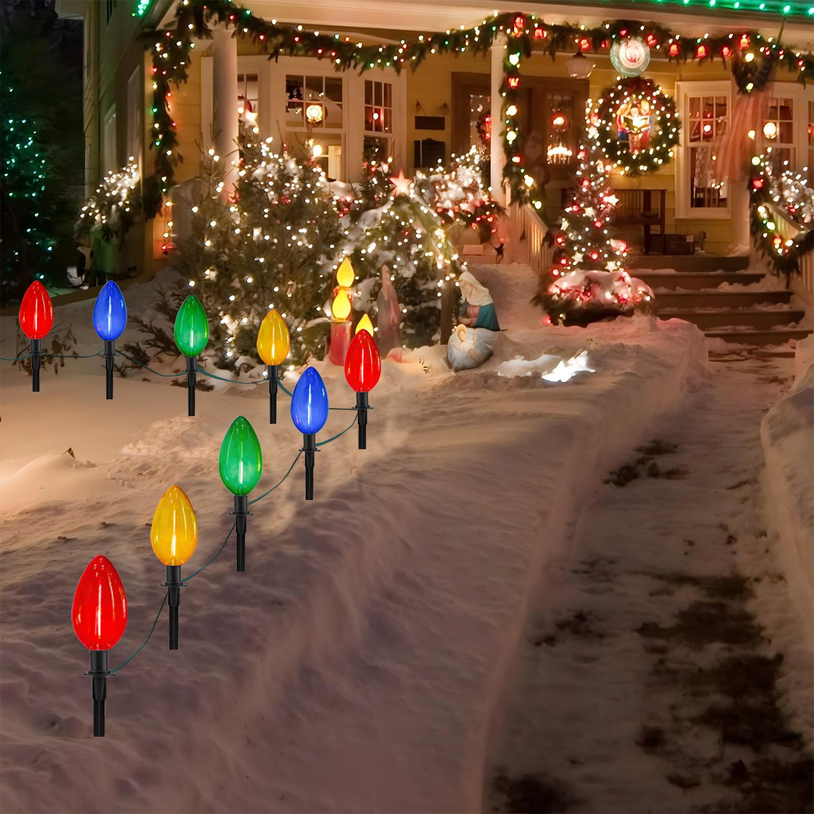 Egcol Jumbo C9 Christmas Pathway Lights Outdoor - 2 Pack Total 14 Ft 8 Led C9 Giant Clear Multicolor Christmas Walkway Lights Fo