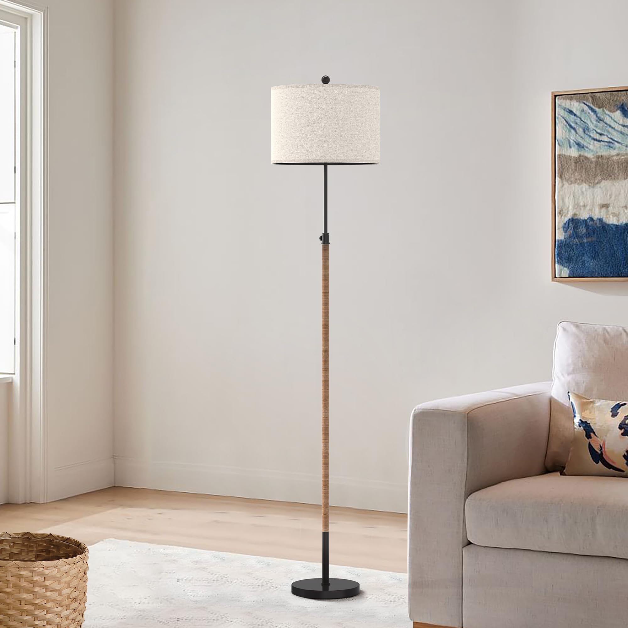 Hightry Farmhouse Rattan Floor Lamp For Living Room, Adjustable Height:65''-70'' Brass Gold Standing Lamp, Boho Tall Skinny Pole