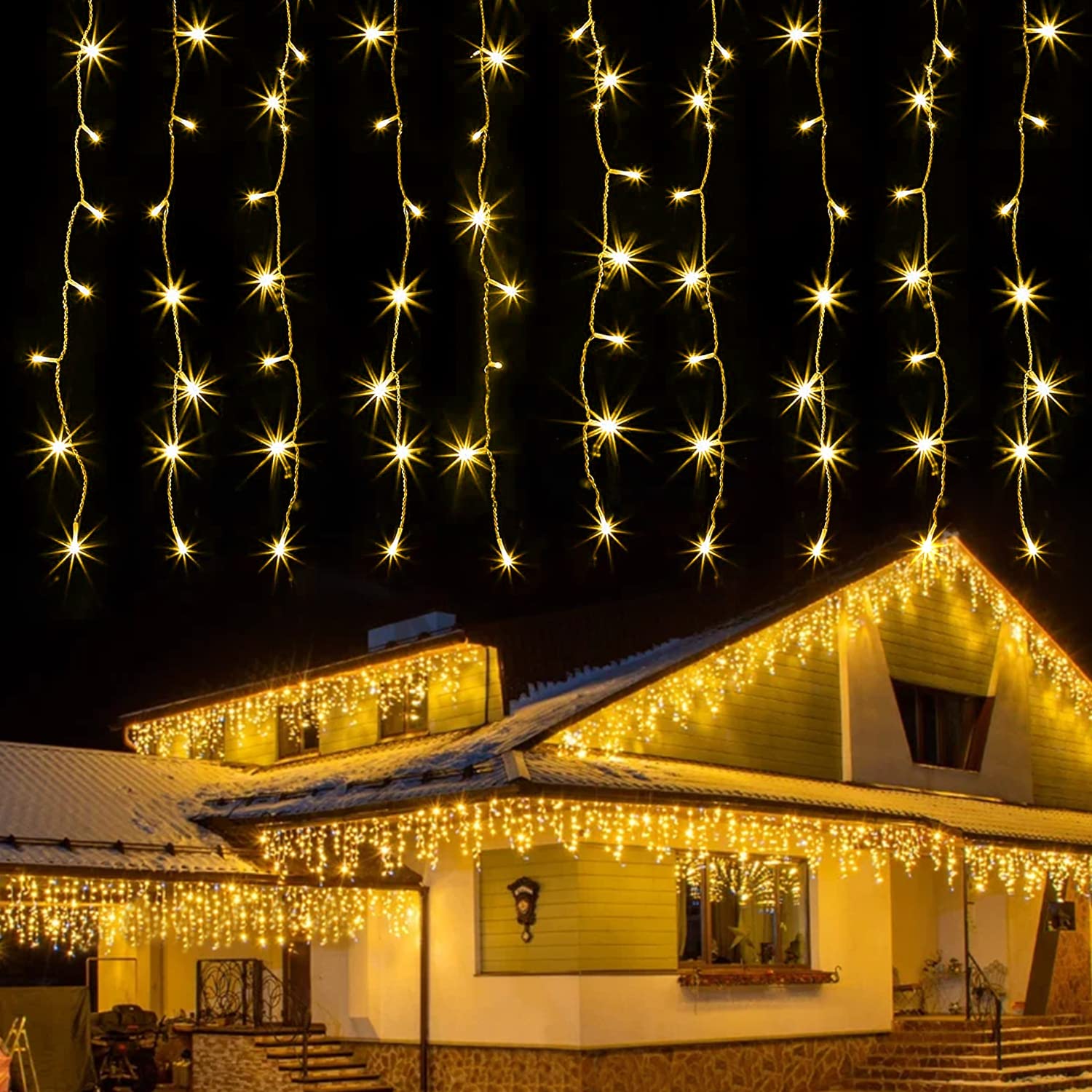 kemooie 400 LED Outdoor Curtain Lights, 26.2FT x 3.3FT, Warm White, 8 Modes for Indoor/Outdoor Decorations