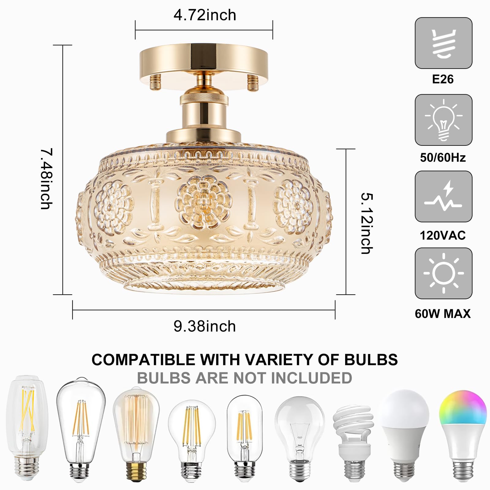 Tbaoinla Semi Flush Mount Ceiling Light - French Gold Finish & Amber Floral Glass Shade  Vintage Modern Lighting For Bathroom  Kitchen  Bedroom (Bulb Not Included)