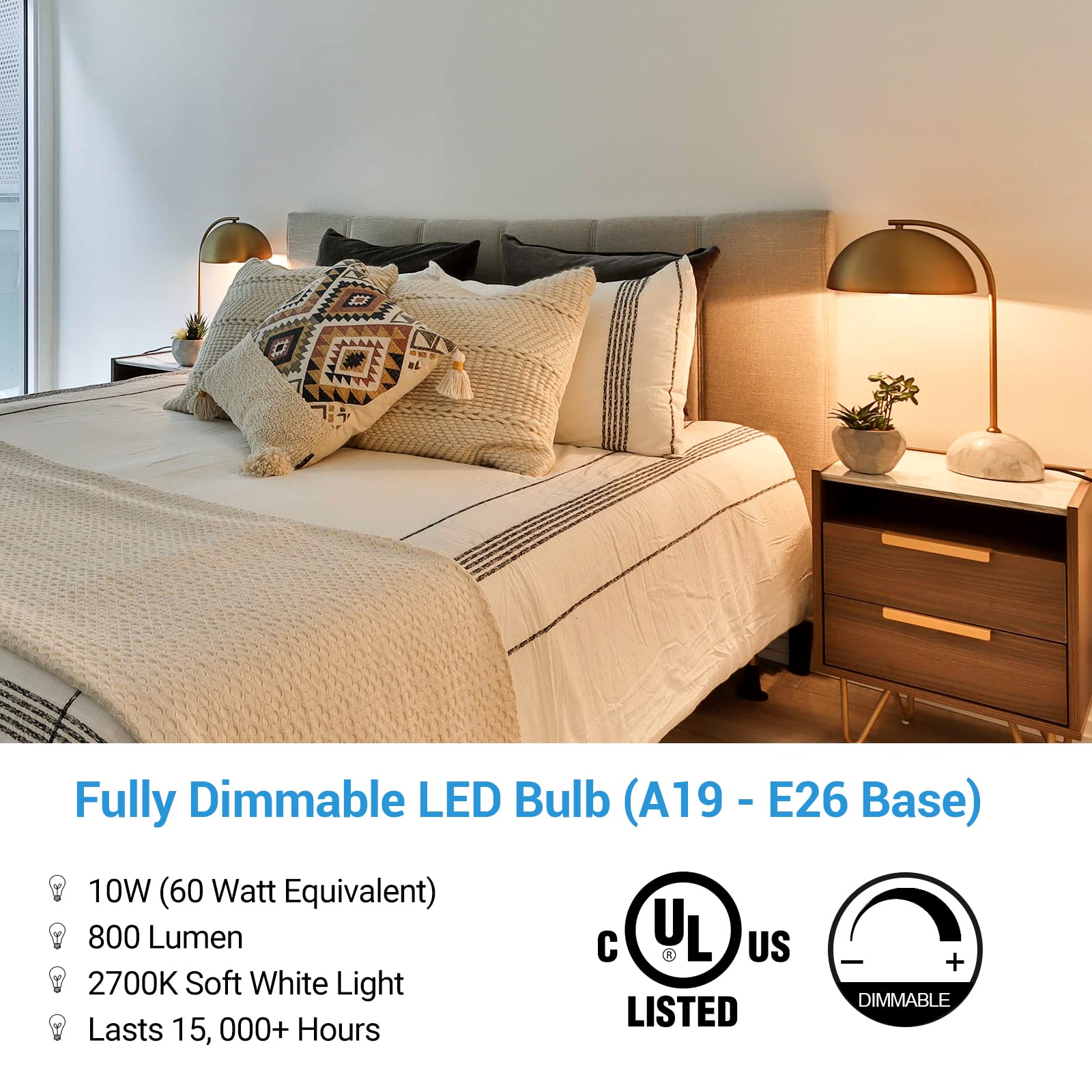 Dewenwils 10-Pack Dimmable Led A19 Light Bulb, Soft White Light With Warm Glow, 800 Lumen, 2700K, 10W (60 Watt Equivalent), E26