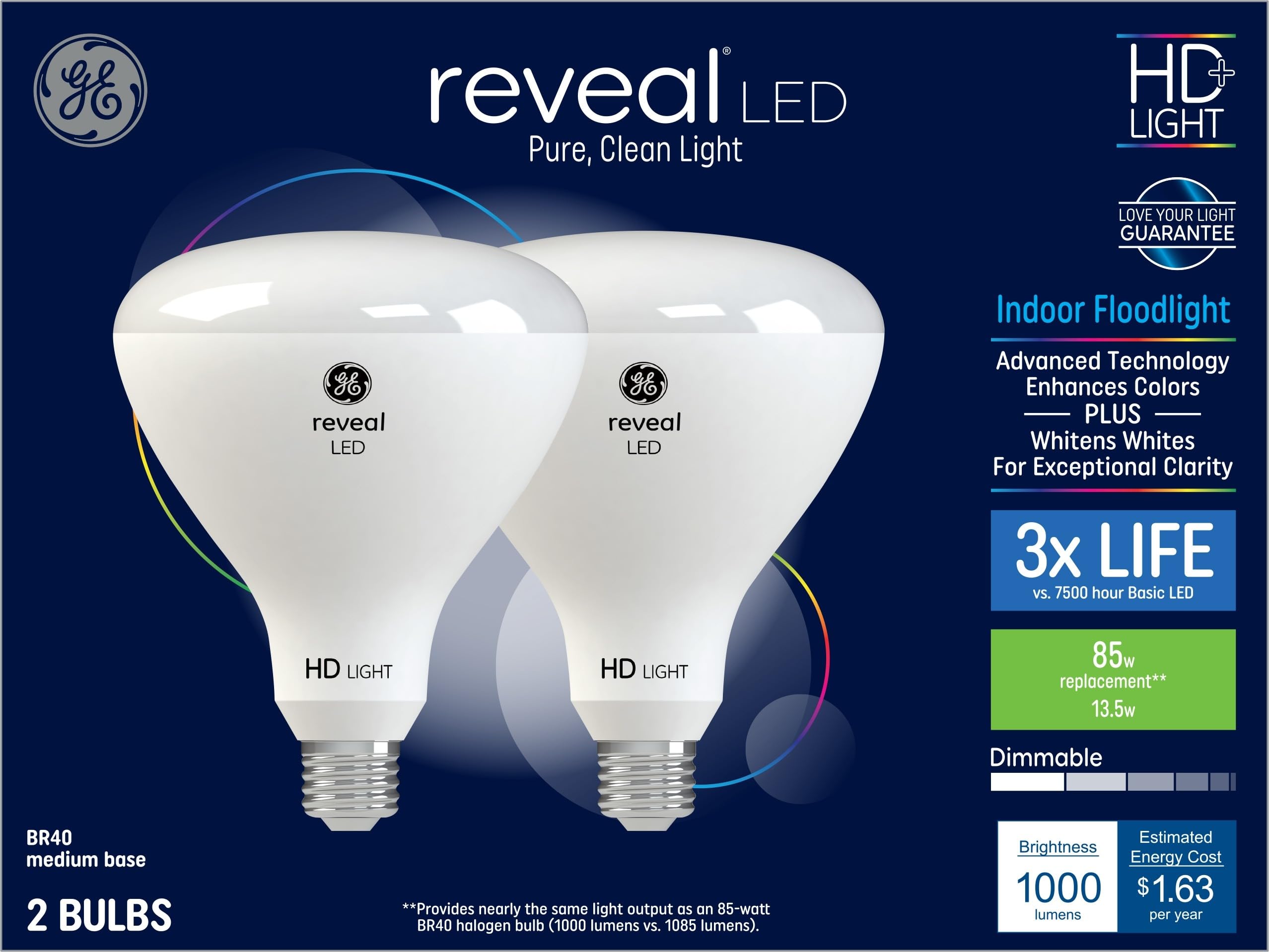 GE Reveal 2-Pack 85 W Equivalent Dimmable Color-Enhancing Br40 LED Light Fixture Light Bulbs