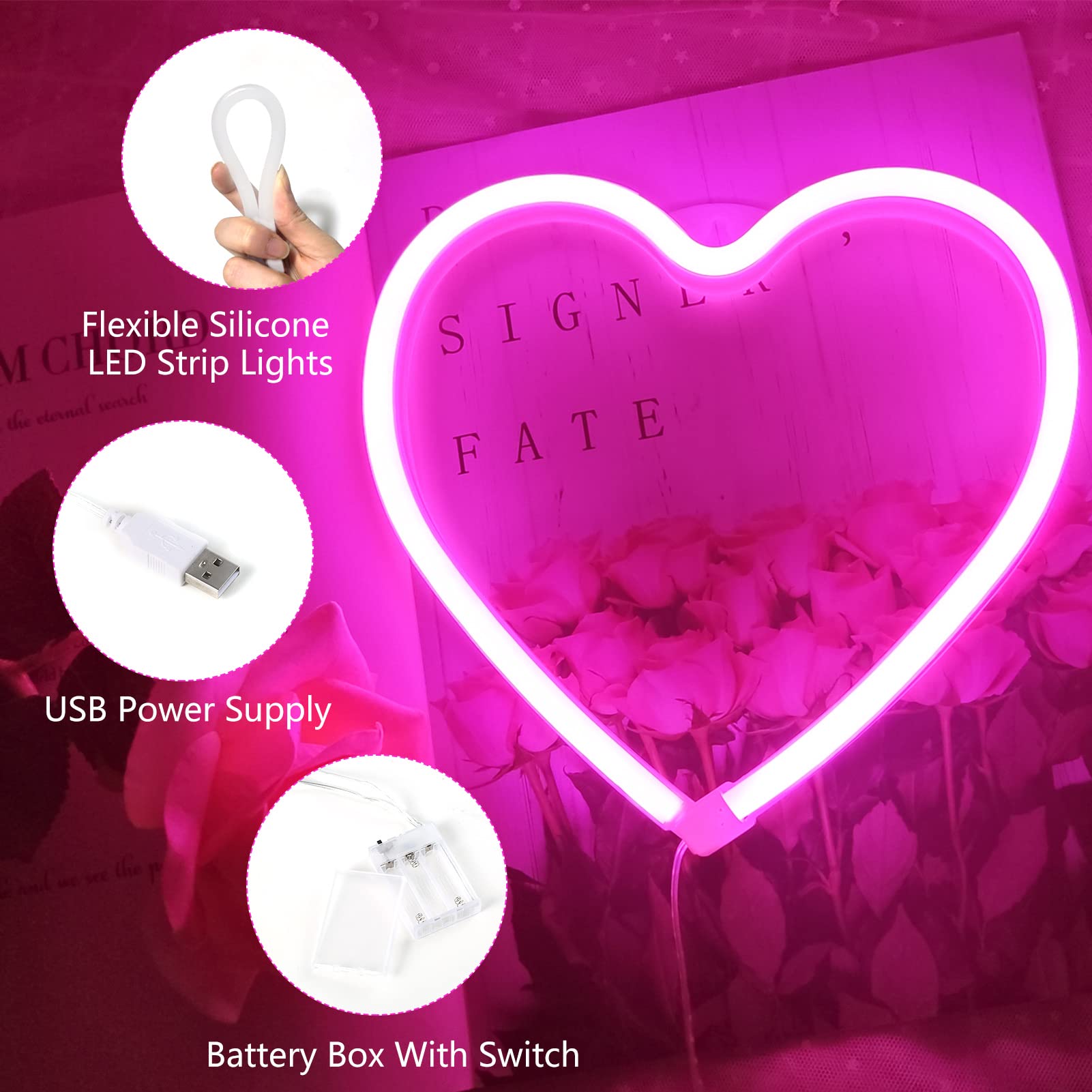 Pink Heart Neon Sign For Bedroom Decoration,Heart Led Light Sign 8.7×8.7 Inch Battery/Usb Powered Romantic Love Heart Neon Light Lamp For Wall Decor Art Kids Girl Room Wedding Party Valentine'S Day