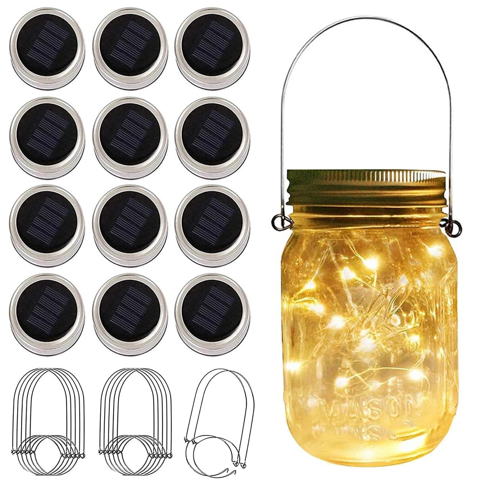 12 Pack Solar Mason Jar Lights For Outside, 30 Led Solar Mason Jar Lids Fairy Lights With 12 Hangers(No Jars) Outdoor Waterproof