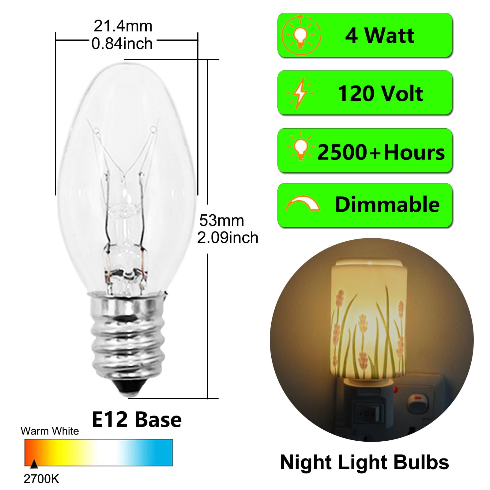Paeorrorl Night Light Bulbs 4 Watt 15-Pack E12 Candelabra Dimmable Small Light Bulbs - C7 Replacement For Night Light,Christmas