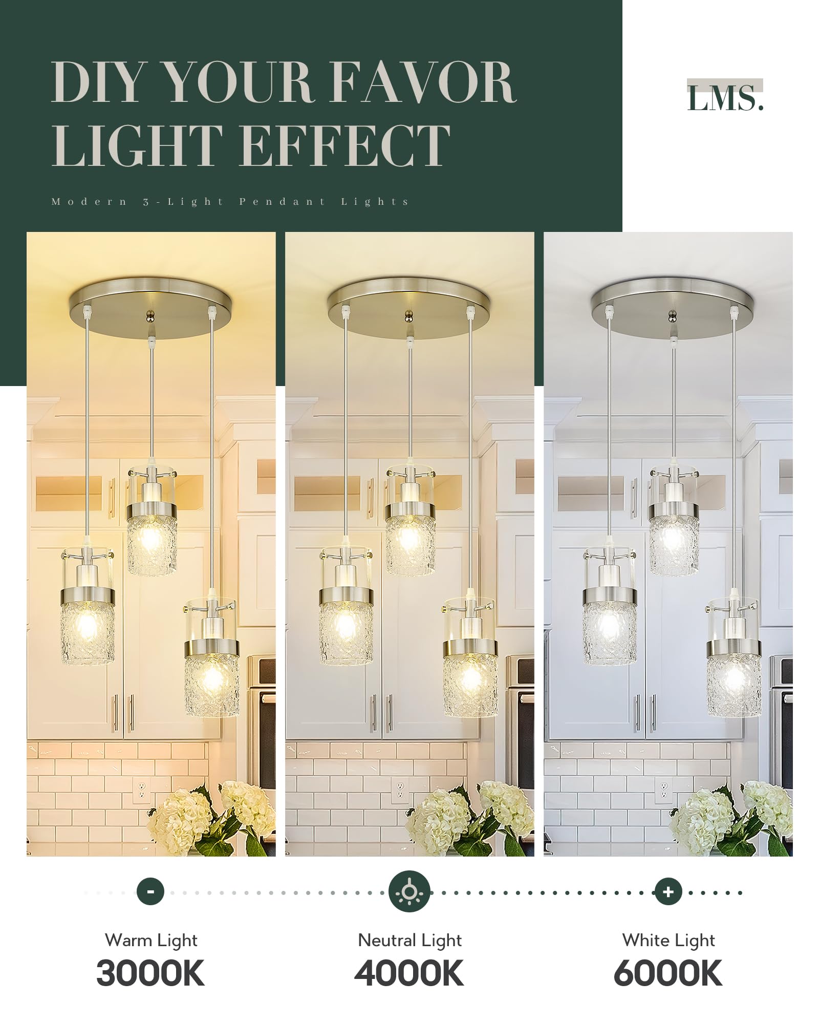 LMS 3-Light Brushed Nickel Cluster Pendant Light, Industrial Style, Silver Hammered Glass, Model LMS-198