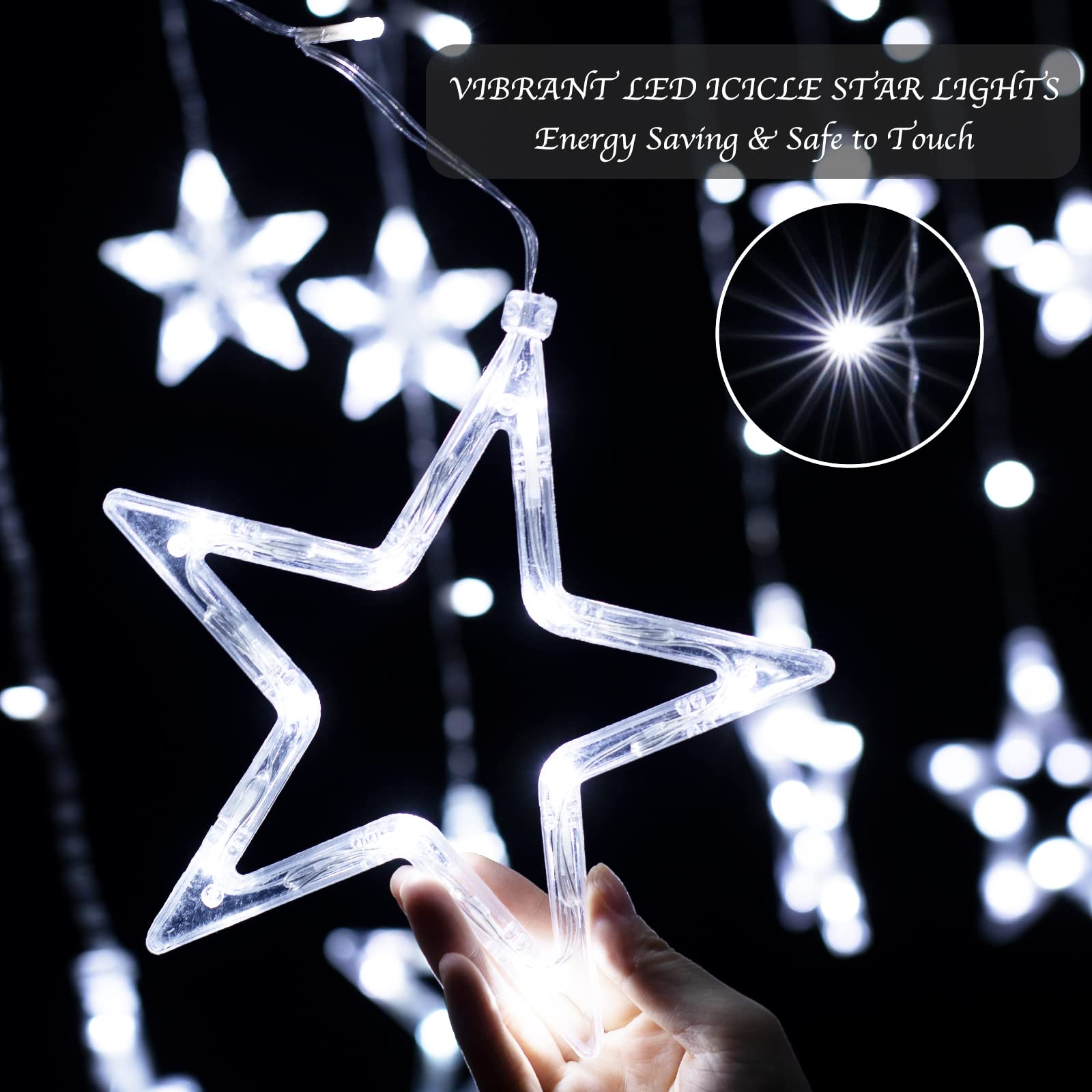 Star Curtain Lights For Bedroom - Plug-In 9Ft 138 Led Fairy Twinkle Lights With 12 Star Drops, Connectable Window Lights With Remote 8 Lighting Modes For Indoor Xmas Ramadan Decoration, White