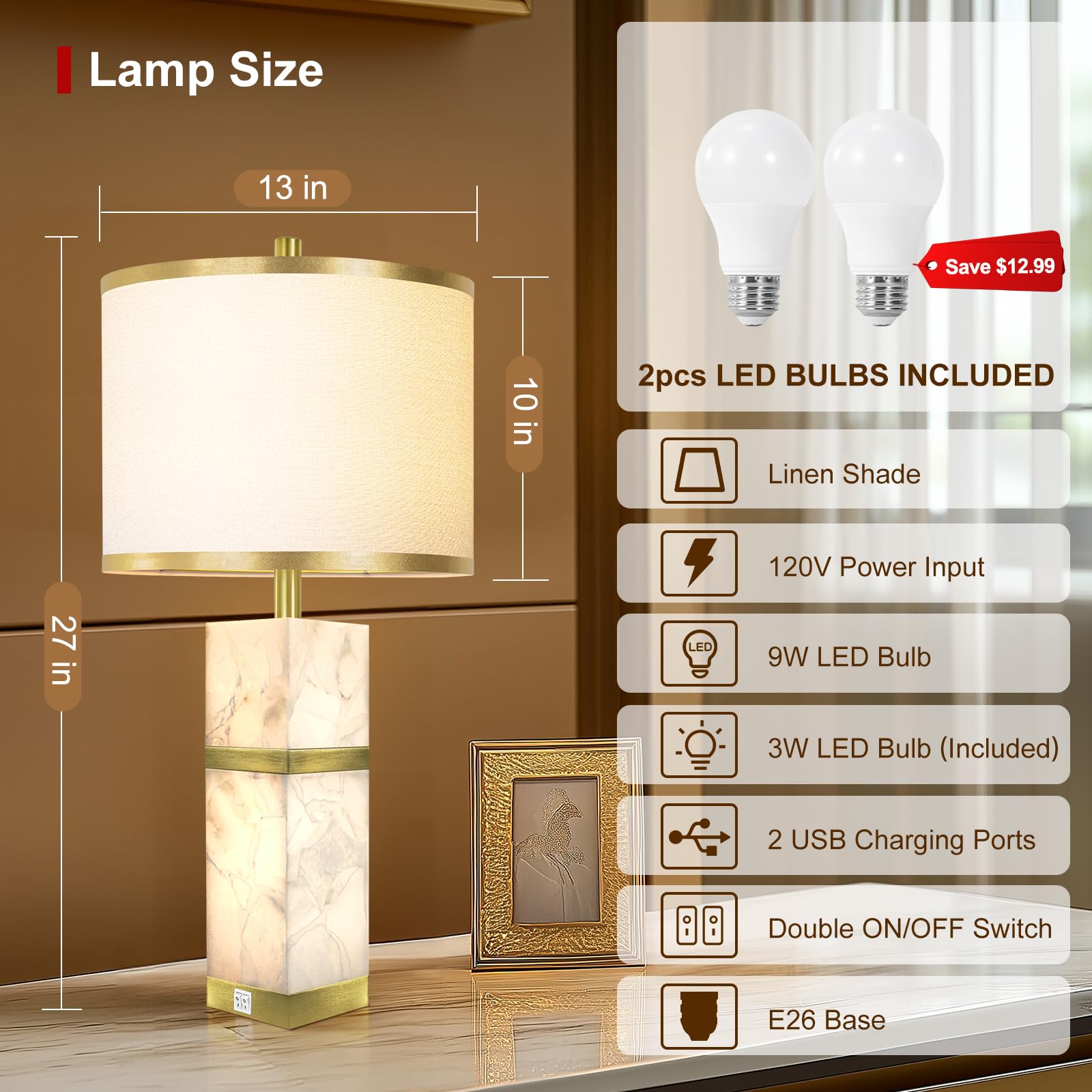 Natural Alabaster Table Lamps Set Of 2 - Table Lamp With Night Light For Bedroom,Nightstand Lamps With Usb Ports,Bedside Lamps W