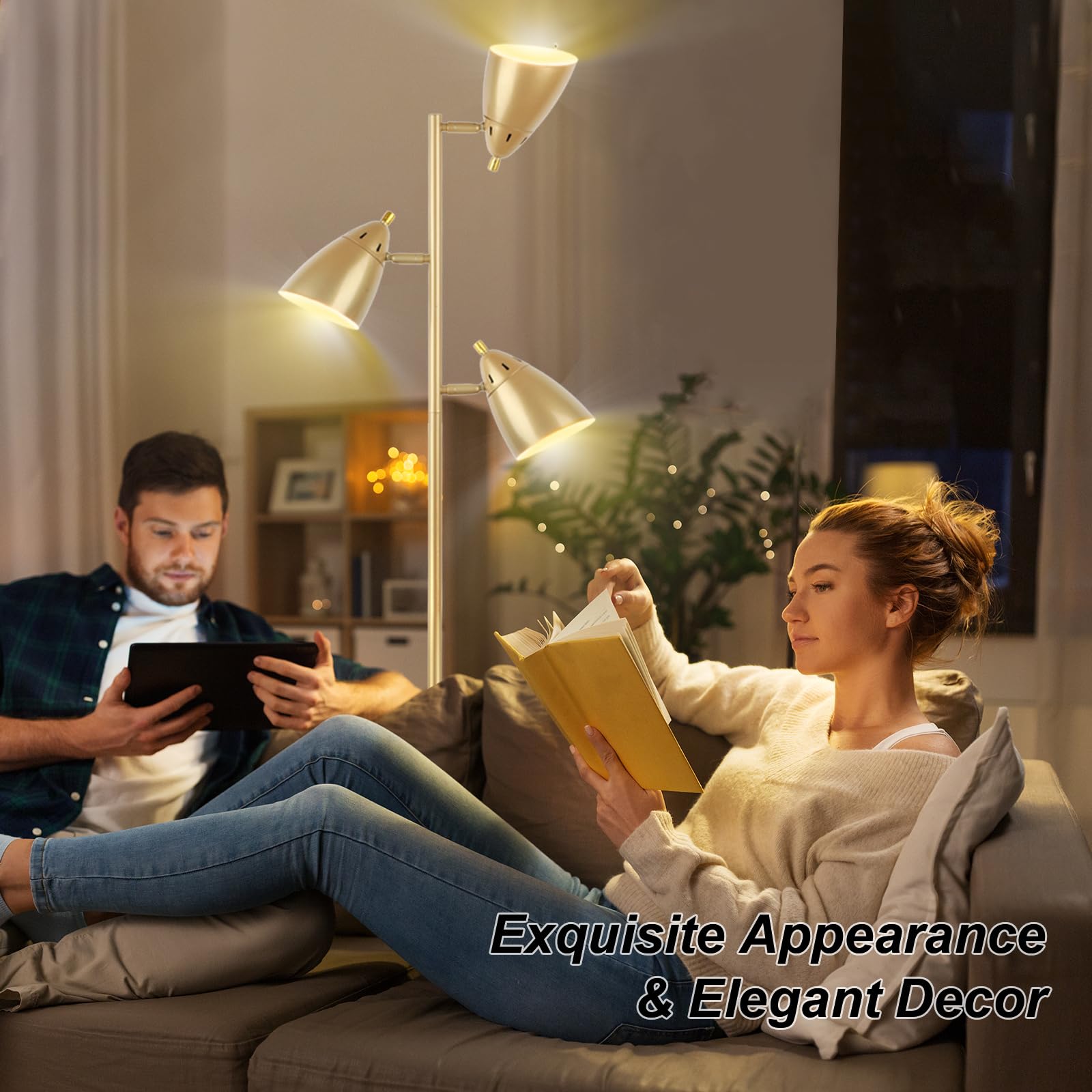 LALISU Tree Floor Lamp, Industrial 3-Light, Metal Black, Adjustable Heads, Model LALISUATLALIF7288