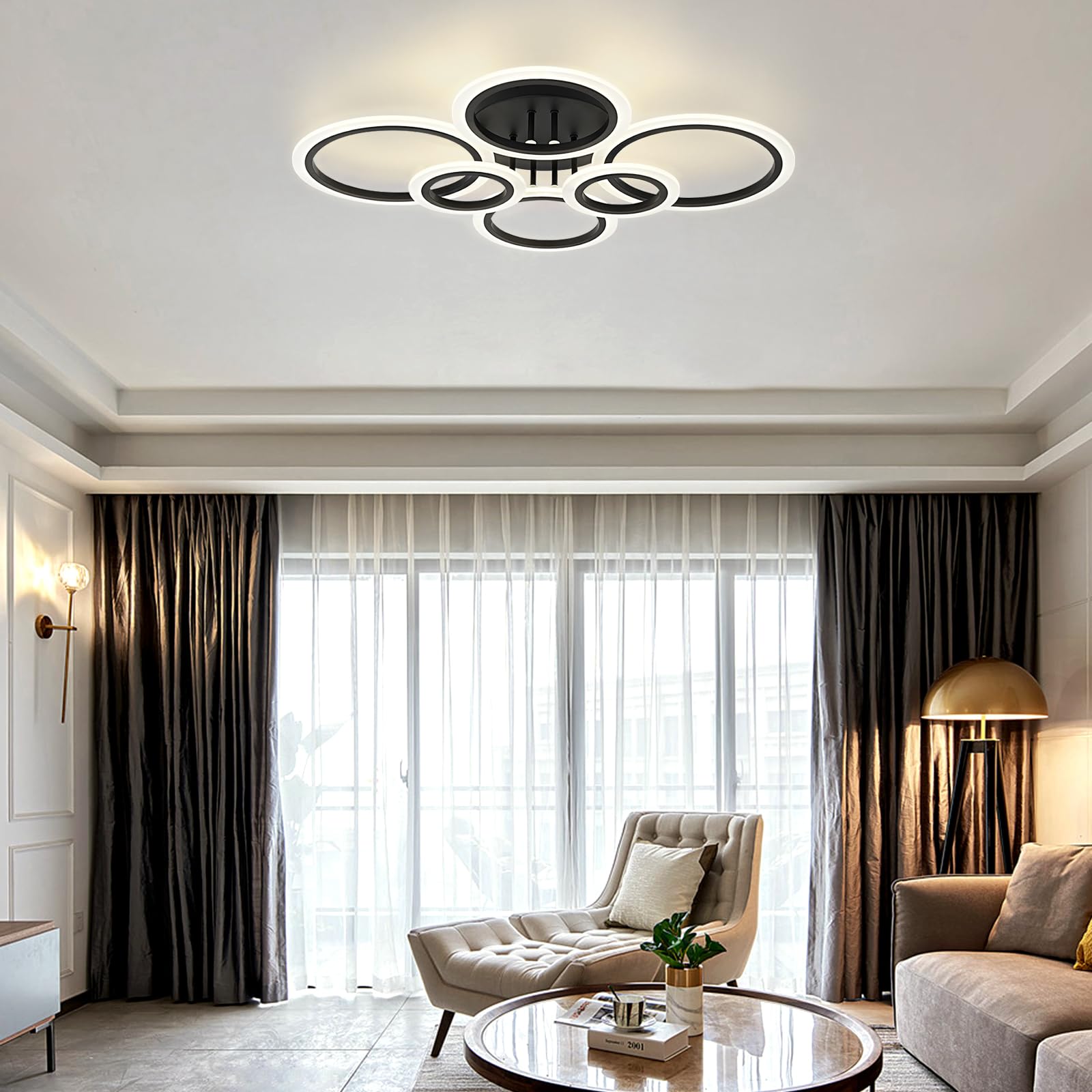 Vikaey Modern LED Flush Mount Ceiling Light, 6-Light Black Fixture for Kitchen, Living Room, Bedroom, Model VG20220825001