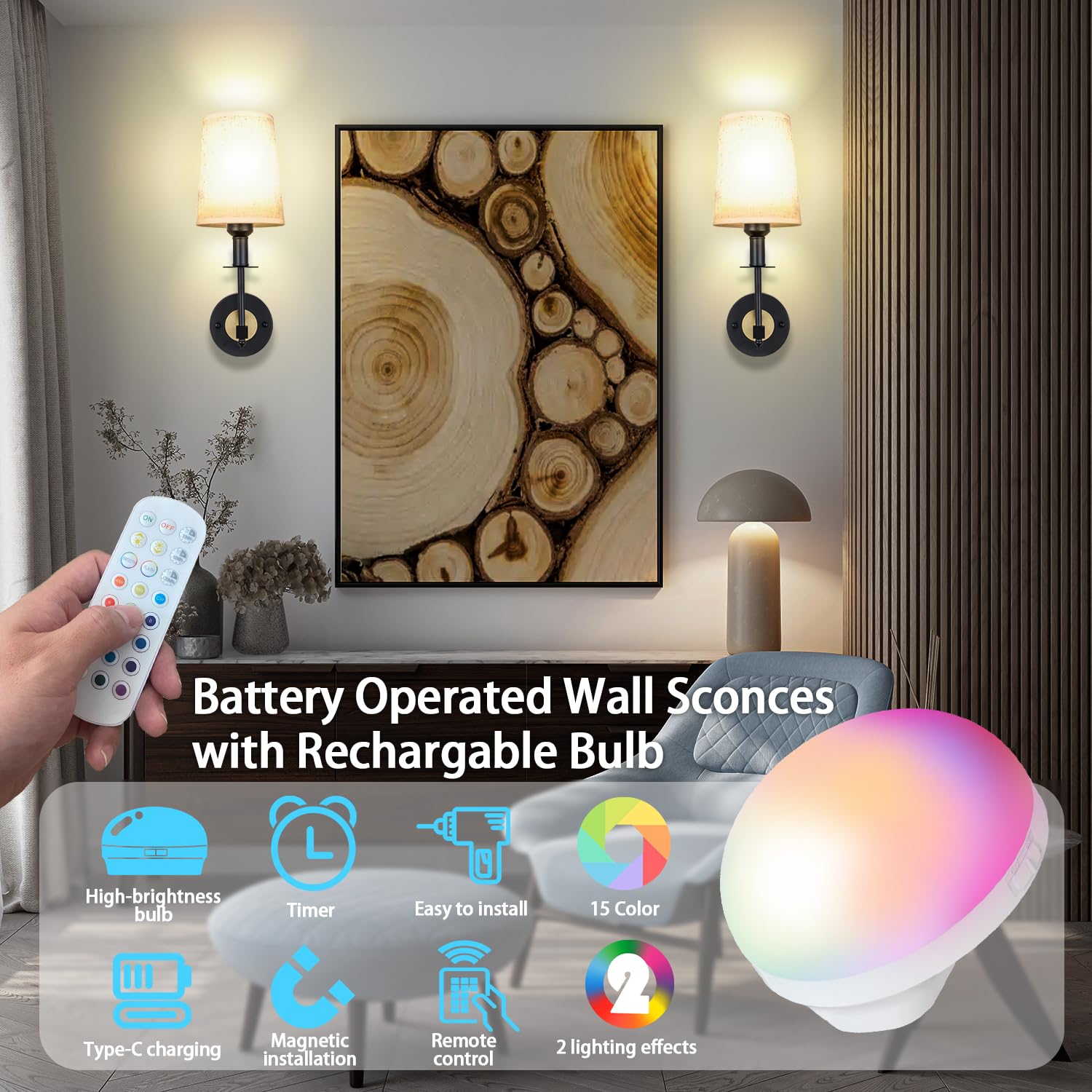 BIMEAN Battery Operated Wall Sconces Set of Two, Black Iron, RGB Rechargeable Bulb, Indoor Wall Mounted Lamp, Model L015D