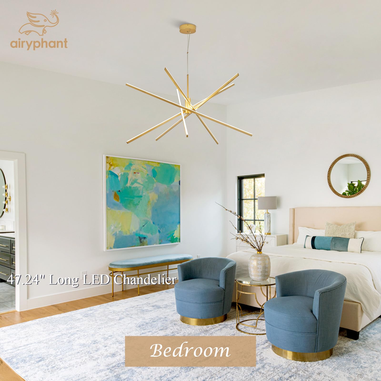 AIRYPHANT Gold Chandelier - 47" Modern Remote Control Light Fixture for High Ceilings, 5 Lights, Metal Design, Perfect for Living Room or Foyer
