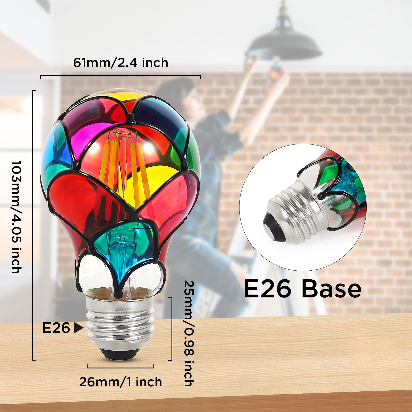 VALUCKY Dimmable Stained Glass LED Bulb, 3.5W E26 Base, A19/A60, 2 Pack, Festive Color for Home & Party Decoration