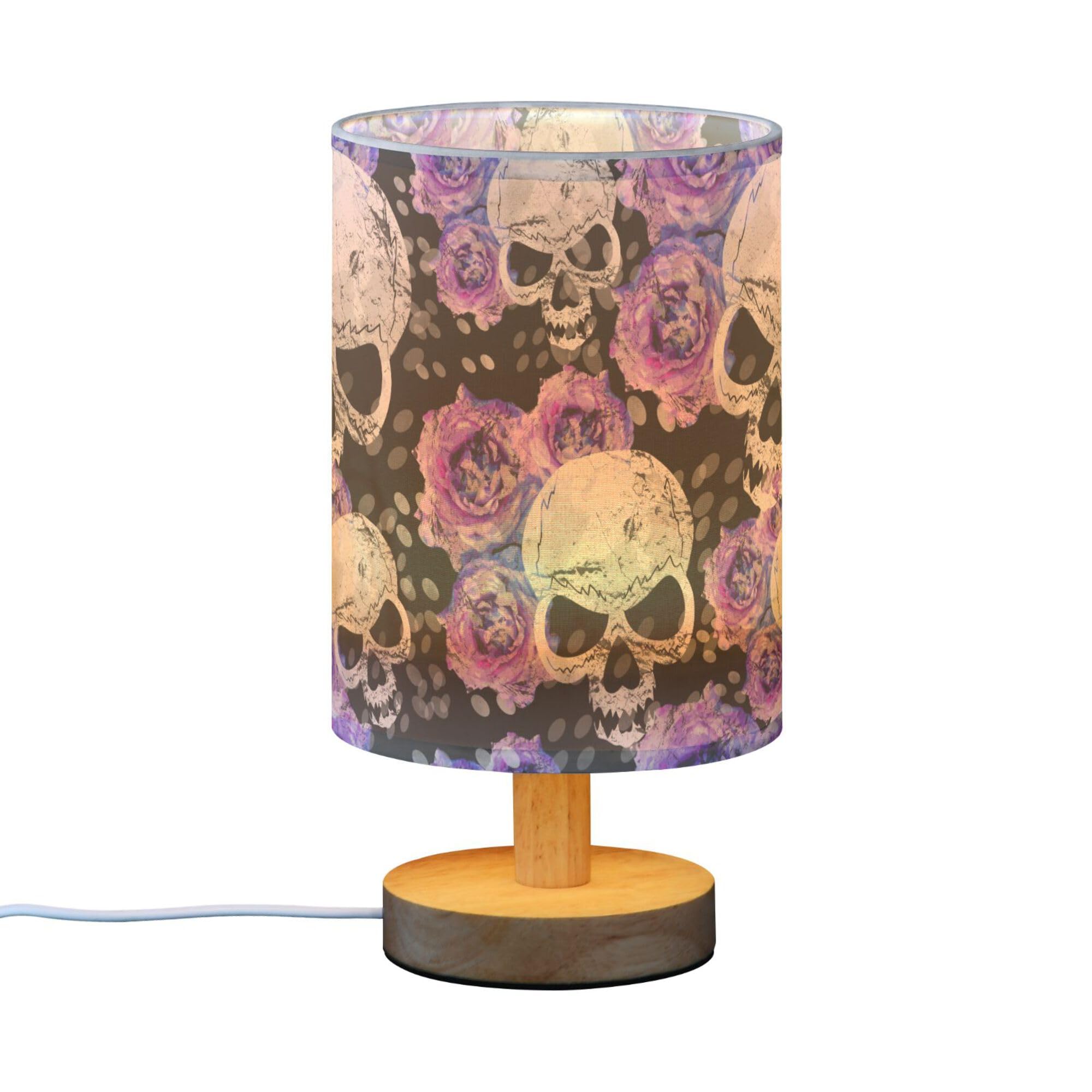 Yyzzh Table Lamp Watercolor Skull Purple Blue Rose Flower Floral Gothic Pattern Nightstand Lamp With Wood Base Fabric Lamp Shade