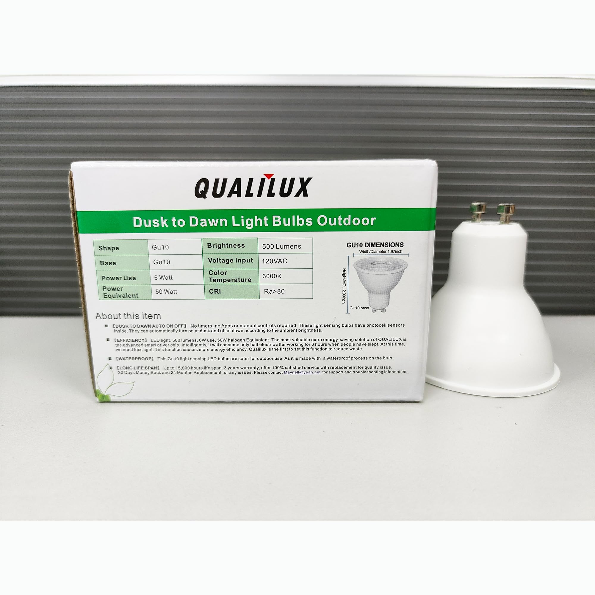 Qualilux MR16 GU10 Light Bulbs, Warm White 3000K, 50W Equivalent, 500LM, Auto On/Off, Non-dimmable, LED 6W