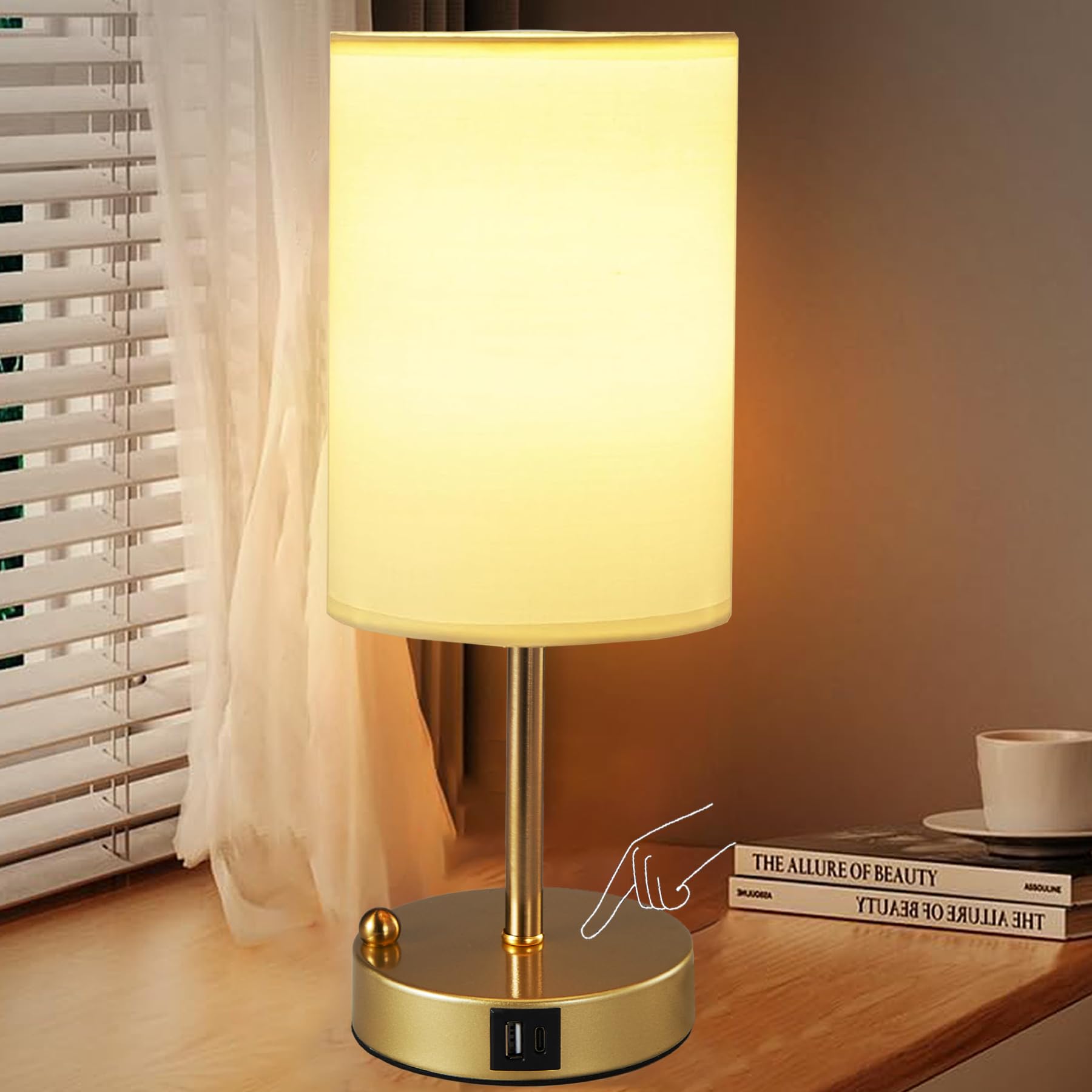 Briever Touch Control Table Lamp for Bedroom  3-Way Dimmable Nightstand Lamp with USB Charging Ports  Bedside Desk Lamp with Gold Phone Stand & Round Linen Fabric Shade  Bulb Included