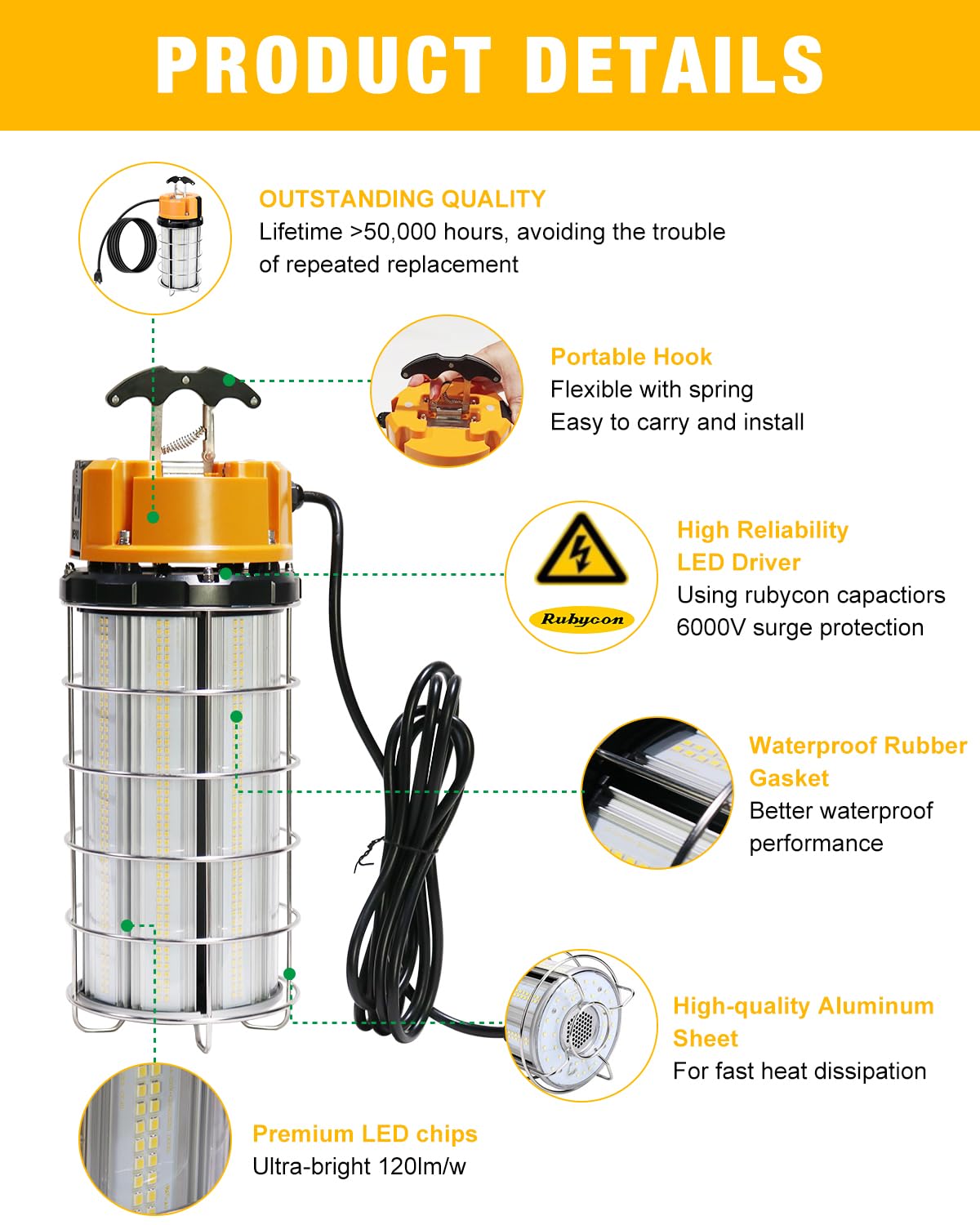 Jc-Lgl Led Temporary Work Light 250W, Construction Lights 5000K 30,000Lm Outdoor Job Site Lighting 10Ft Cord Ip65 Dust Waterproof Hanging Lighting