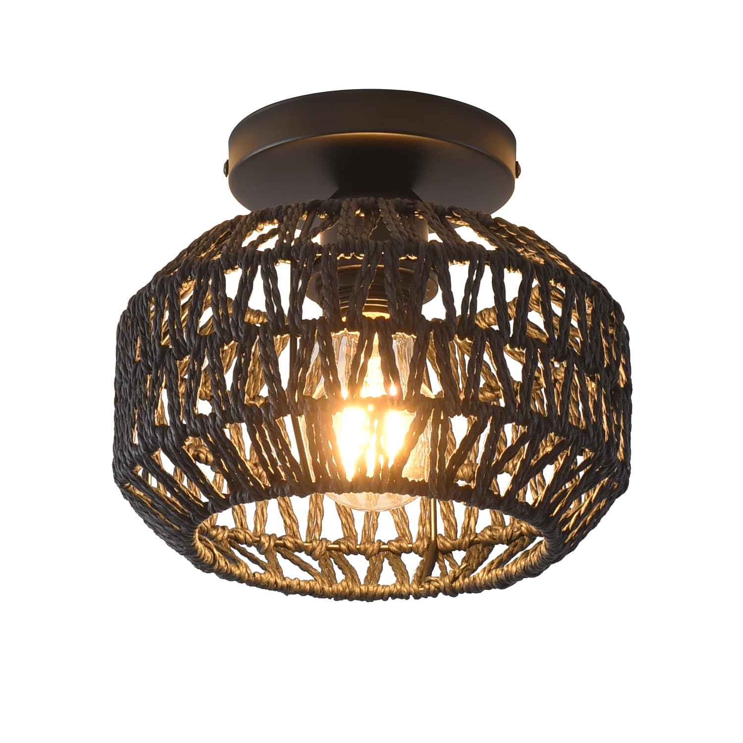 Ihengyanlt 1 Pack Farmhouse Light Fixtures Ceiling Mount,Black Mini Rattan Boho Semi Flush Mount Ceiling Light,Hand Woven Hallwa