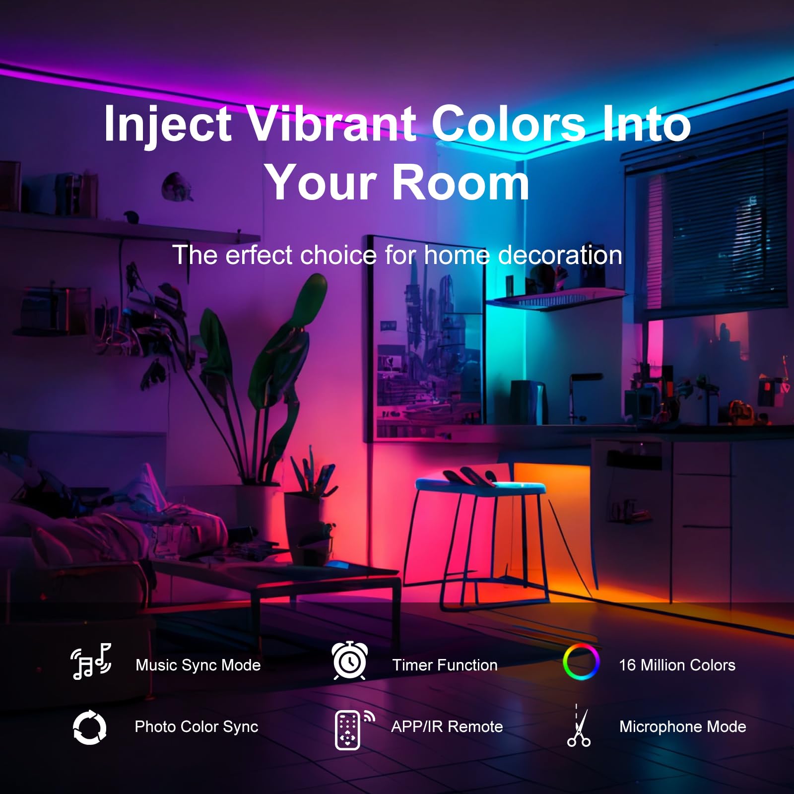 FBY 50 FT LED Strip Lights, Multicolor RGB, Bluetooth Remote Control, Music Sync, for Bedroom and Party Decoration