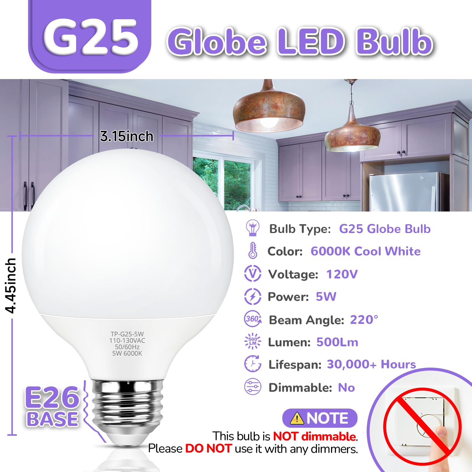Maxvolador G25 Led Globe Light Bulb 60W Equivalent, Cool White 6000K E26 Vanity Round Bulbs For Bathroom Makeup Mirror, Non-Dimm