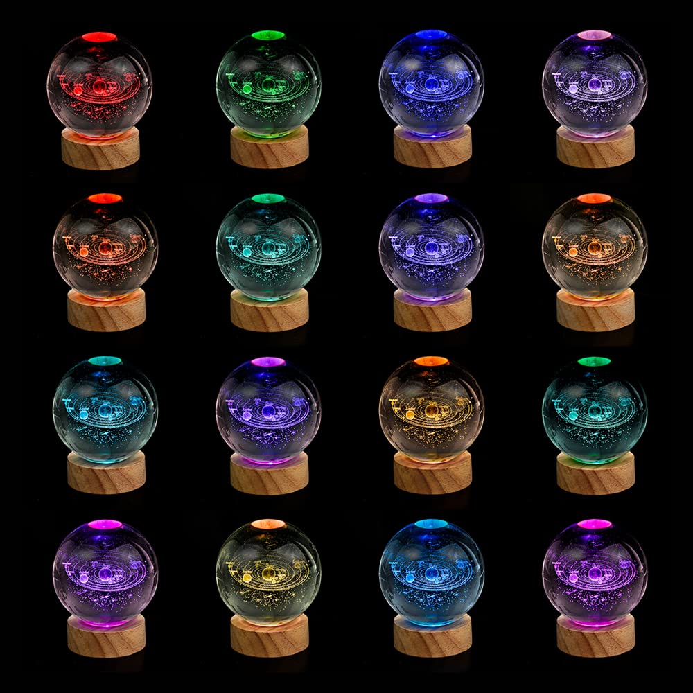 3D Solar System Crystal Ball Night Light With 16 Color Led Wooden Base, Upgraded 3.15 Inch Galaxy Planets Glass Ball Lamps With