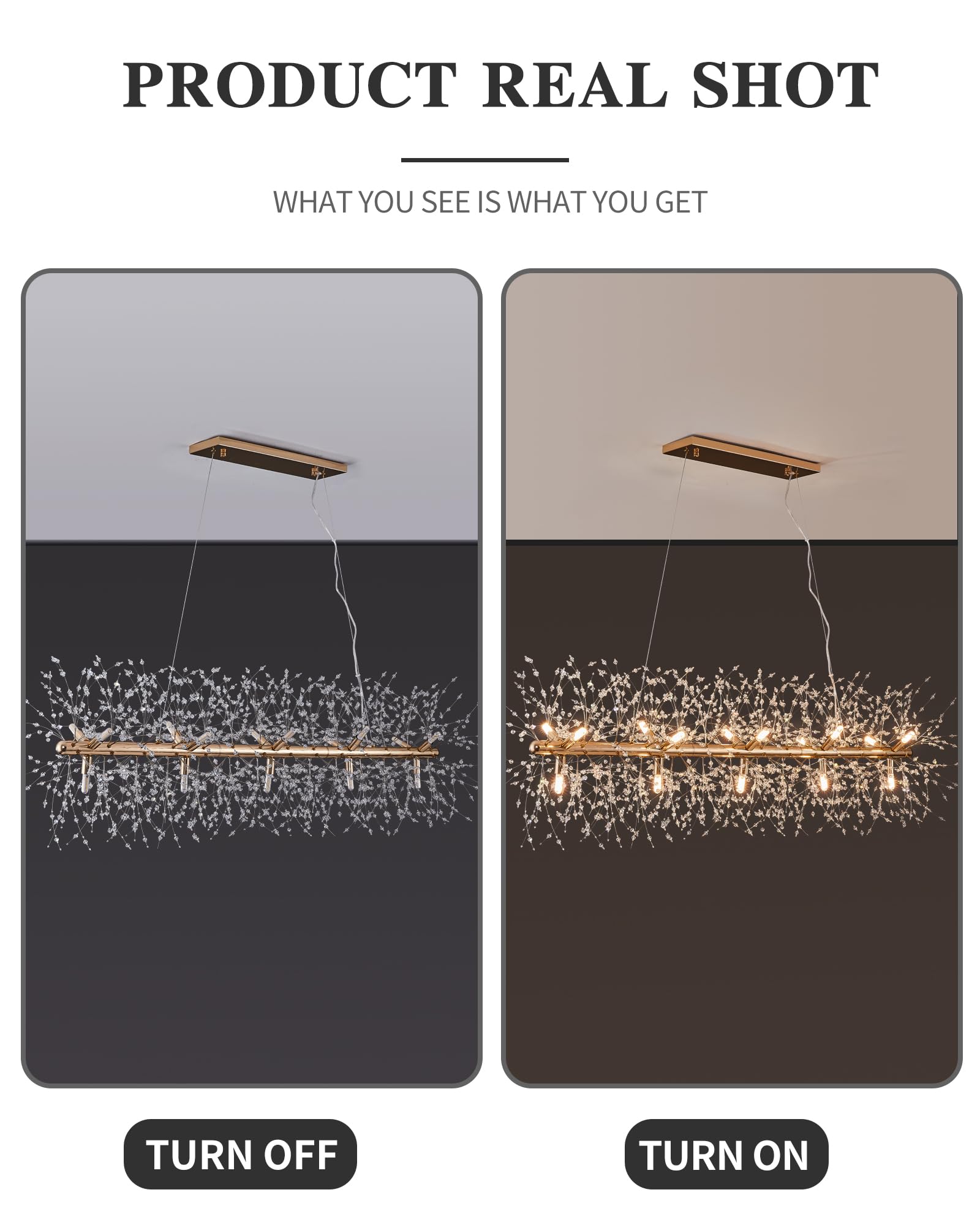 Modern 47.2'' Modern Gold Crystal Firework Chandelier, 15-Light Pendant Light Fixture, Rectangle Linear Sputnik Dandelion Chande