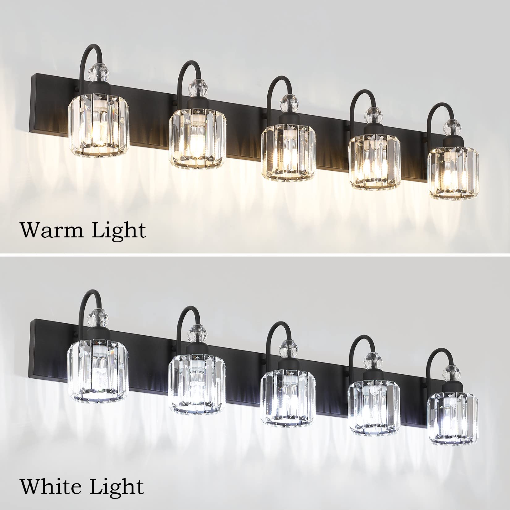 Ralbay Modern Crystal Vanity Light 5-Lights, Matte Black, Metal, Model 8600, Bathroom Wall Fixtures