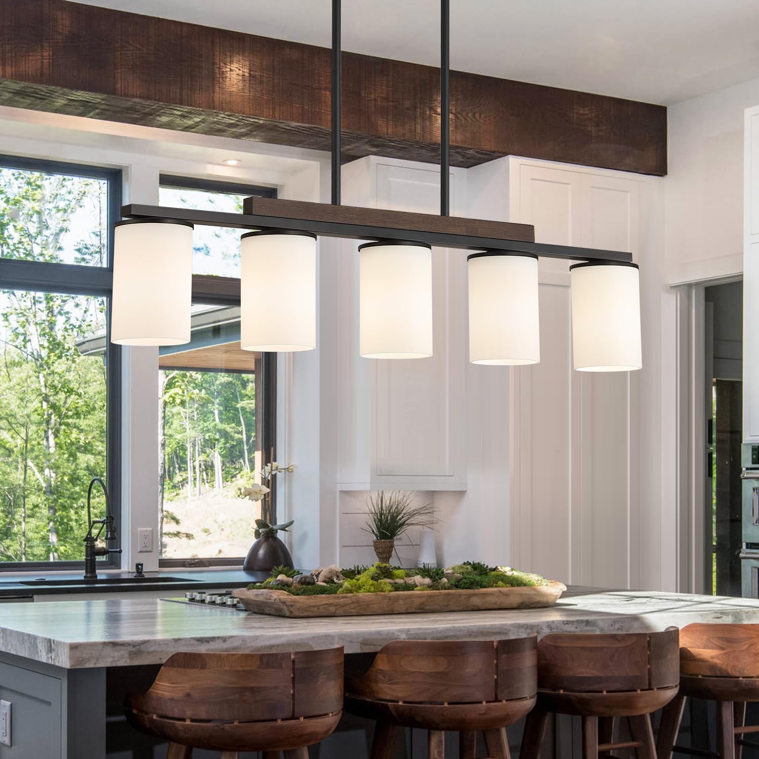 Mecgirn Black Pendant Light Fixtures, 5 Light Linear Chandelier with Milk Glass Shade for Dining Room and Kitchen Island, Model D0016-5-M
