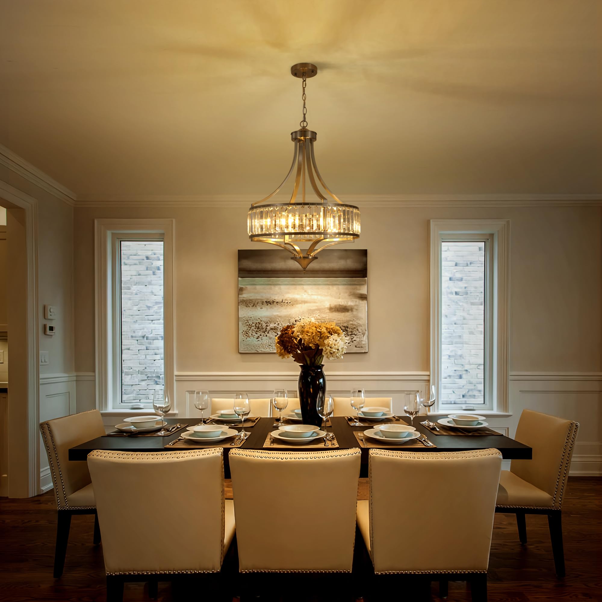 Cnratye 20'' Brushed Nickel Chandeliers For Dining Room, 5-Light Modern Crystal Chandelier For Entryway, Hanging Round Light Fix