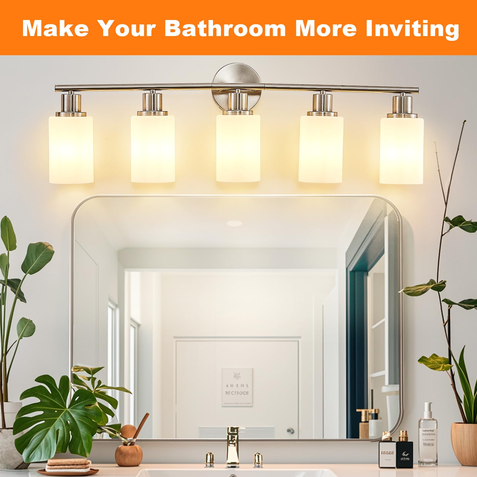 DINGLILIGHTING 5-Light Bathroom Vanity Light Fixture, Milky White Glass Shade, Brushed Nickel, Metal