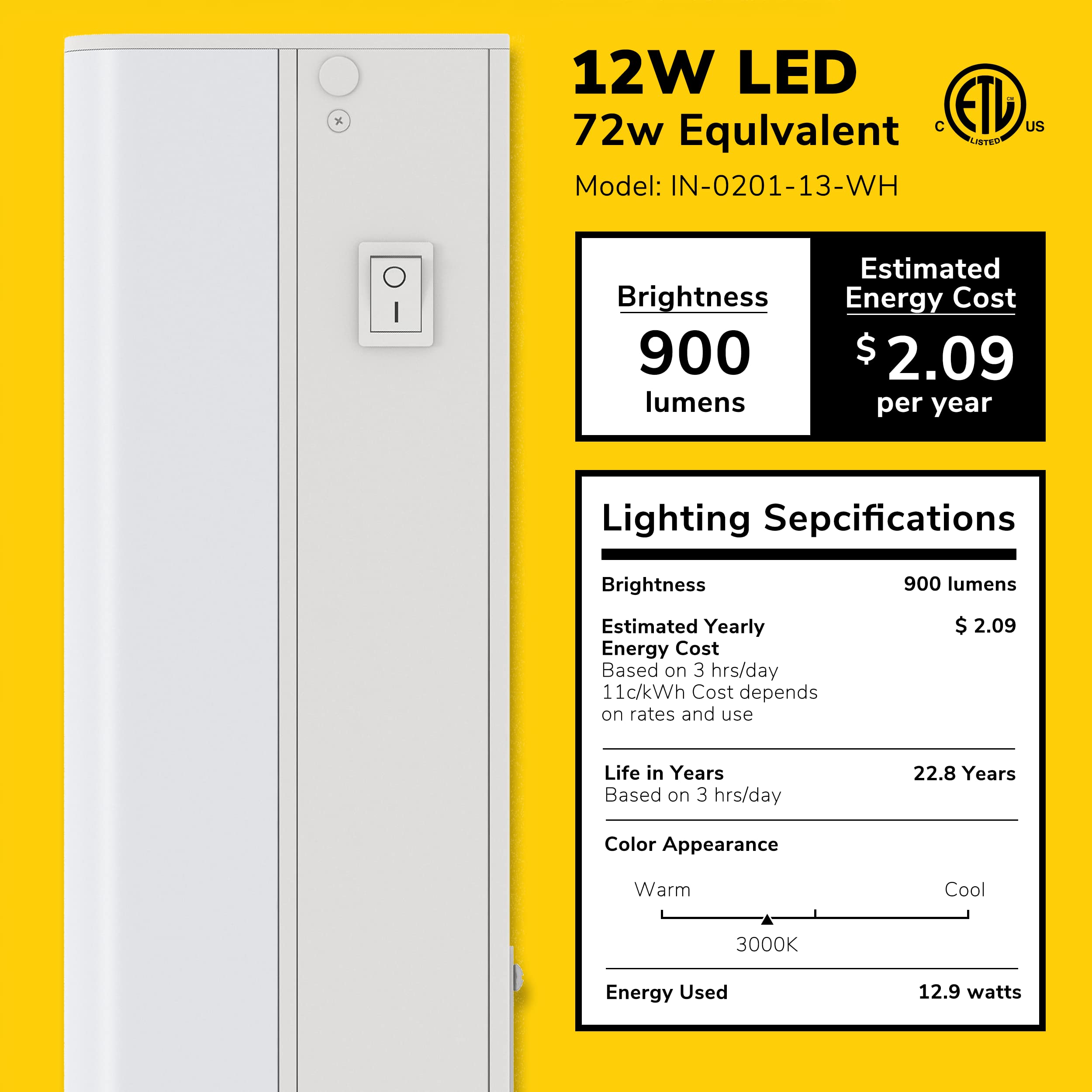GETINLIGHT Under Cabinet LED Lights, Dimmable, 24-inch, Soft White (3000K), Matte White, ETL Listed, Model IN-0201-13-WH