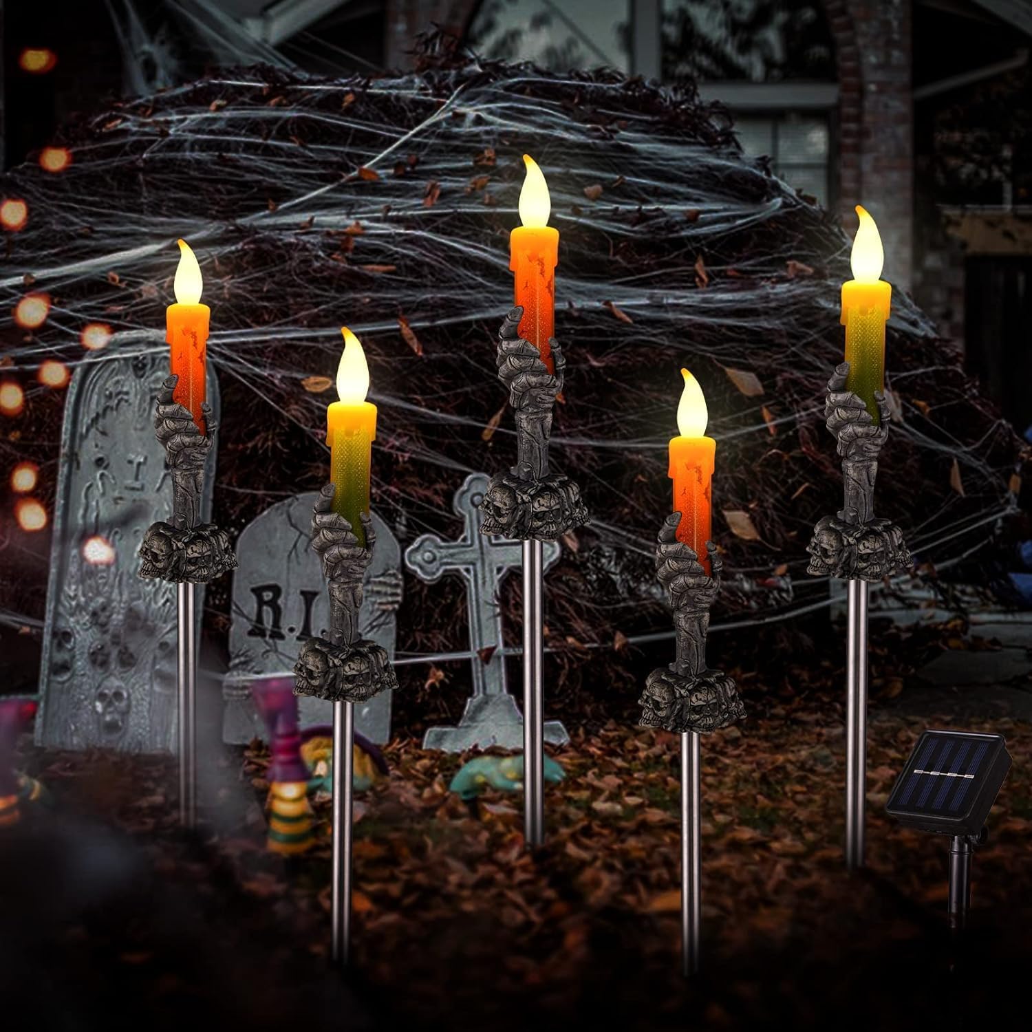 ILLUMINEW Solar Pathway Lights, 5 Pack LED Skull Candle Holders, Outdoor Halloween Decor, Orange & Green, Black
