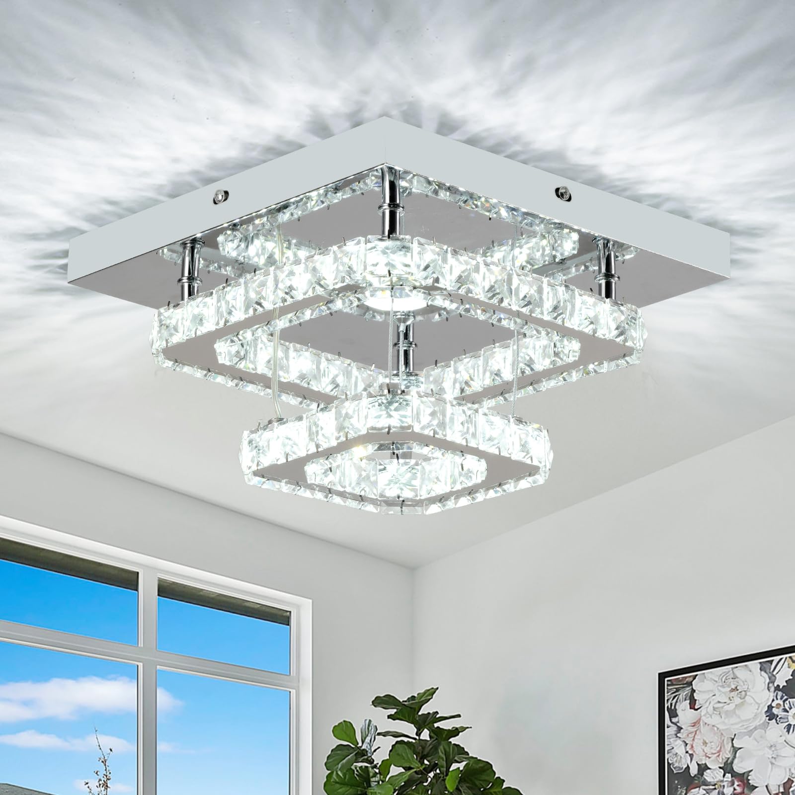 Rheafon Crystal Chandelier 9.8 Inch Modern Led Chandeliers Crystal Ceiling Light Fixtures 2 Layers Flush Mount Ceiling Light Bed
