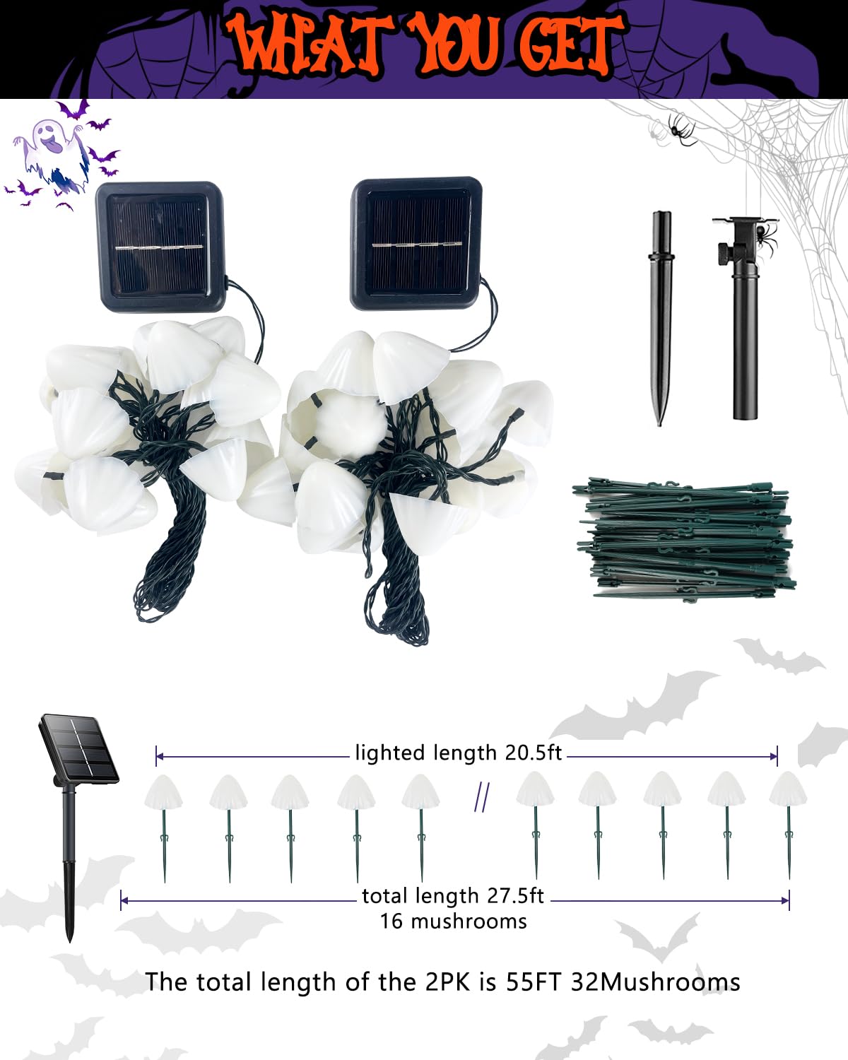 OZS Solar Mushroom String Lights, 2 Pack, 55FT, 32 LED, 8 Lighting Modes, Halloween Colors: Orange, Purple & Green