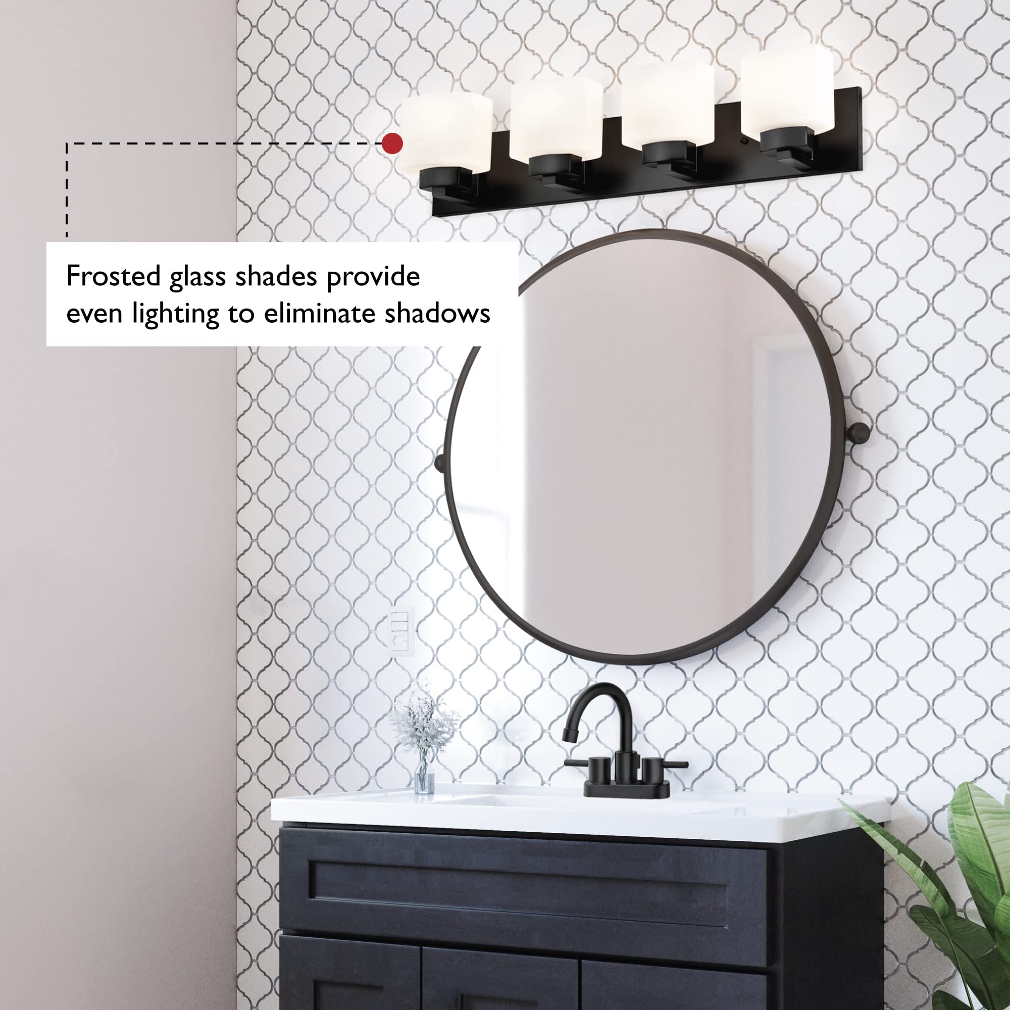 Design House Dove Creek Vanity Light Dimmable, Frosted Glass, 4-Light, Matte Black, Model 588426, Alloy Steel