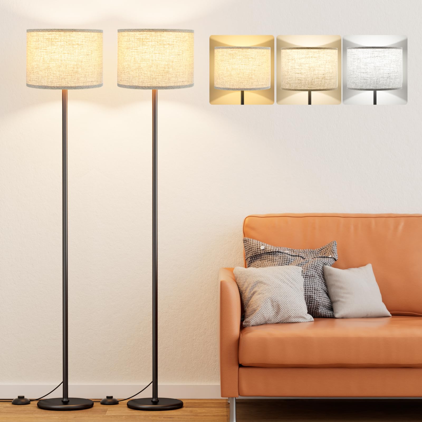 Ambimall 60'' Modern Floor Lamp Set Of 2, 2Pk Tall Lamps For Living Room Bedroom, Beige Shade With Black Pole(Without Bulb)