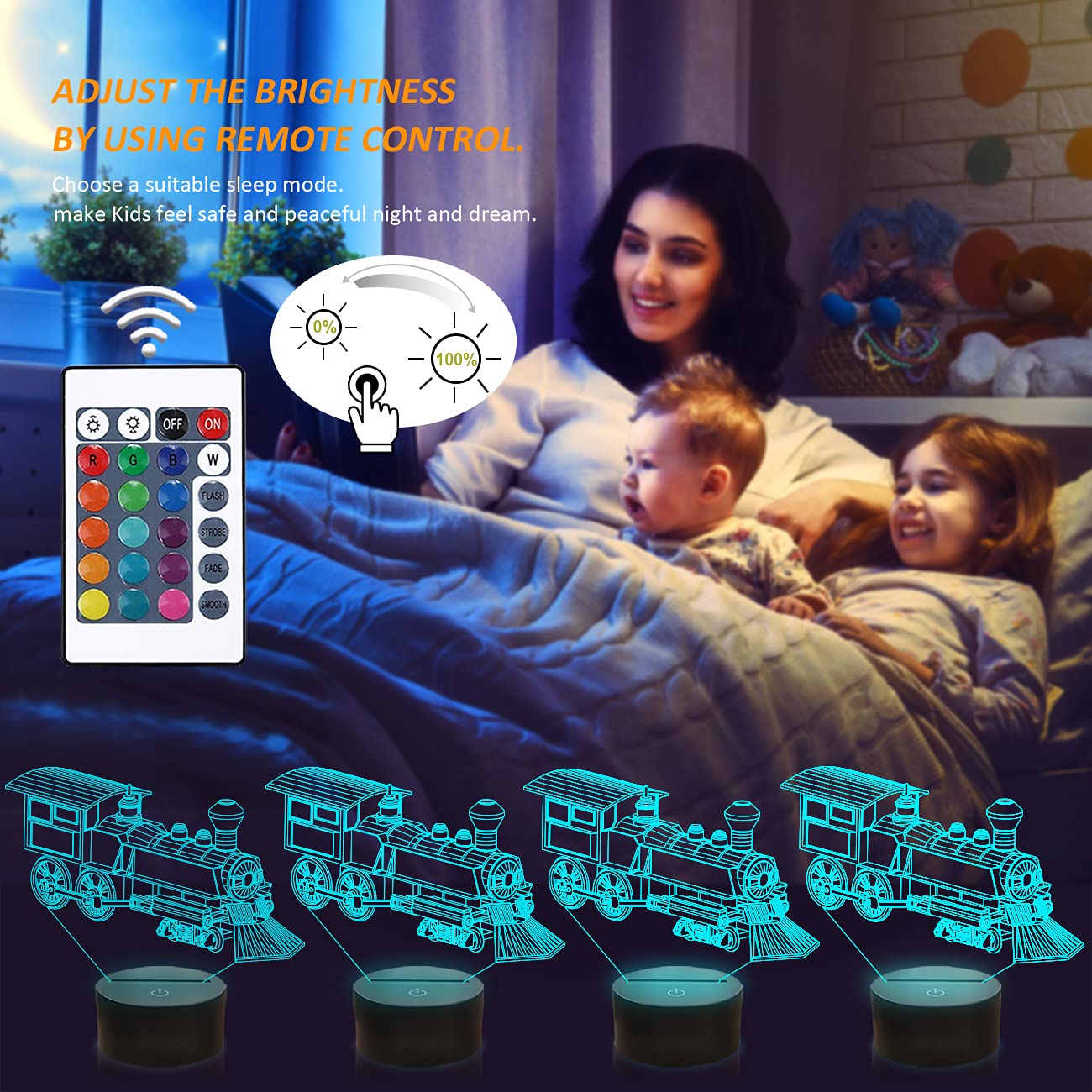 FULLOSUN 3D Train Night Light - 16 Color Changing with Remote, Acrylic, Blue, Model FS-2810-9999, Perfect for Kids' Bedroom Decor
