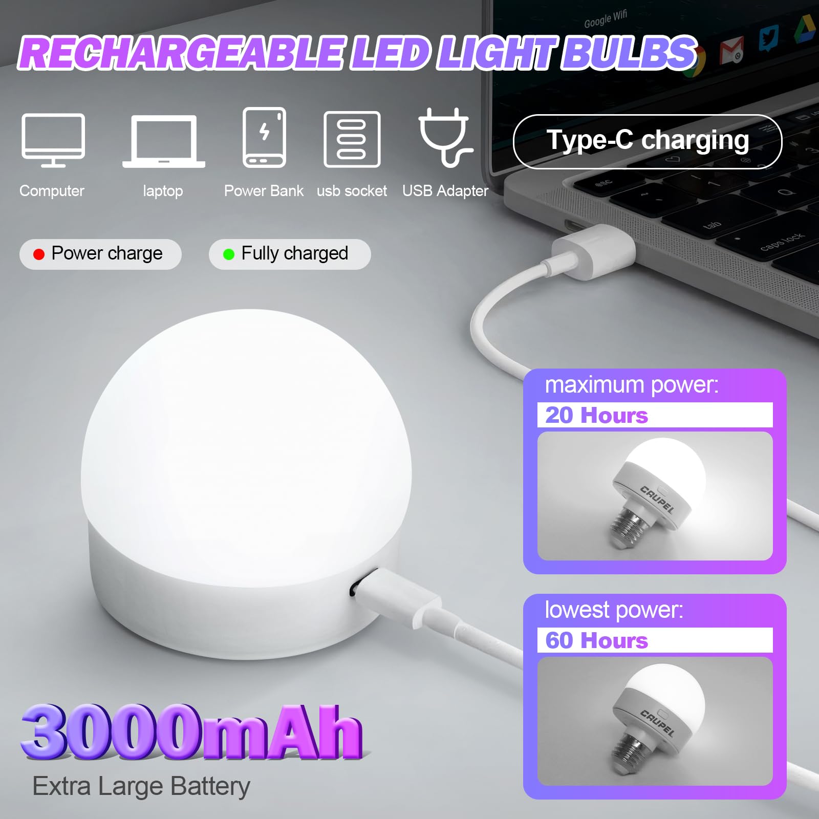 Caupel RGBCW Rechargeable LED Light Bulbs, E26, 60W Equivalent, 500 Lumens, 3 Color Temperatures, 2 Pack, Model RB-05
