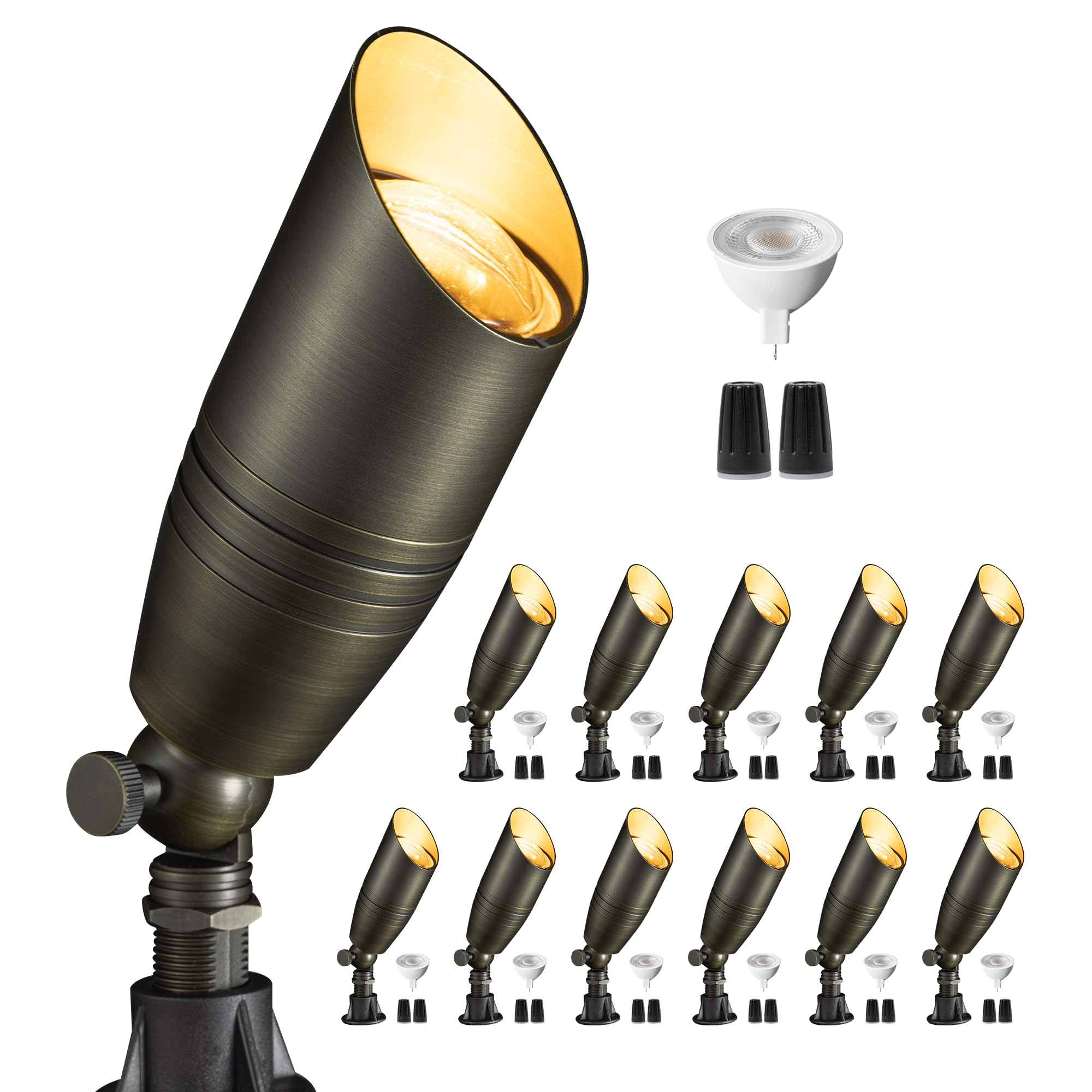 Gardenreet Die-Cast Brass Spot Light Outdoor - 12V Led Uplighting Waterproof, Low Voltage Landscape Lights Direct Wire, Bronze For Fence Fountain With Warm White Mr16 Replaceable Bulbs (12 Pack)