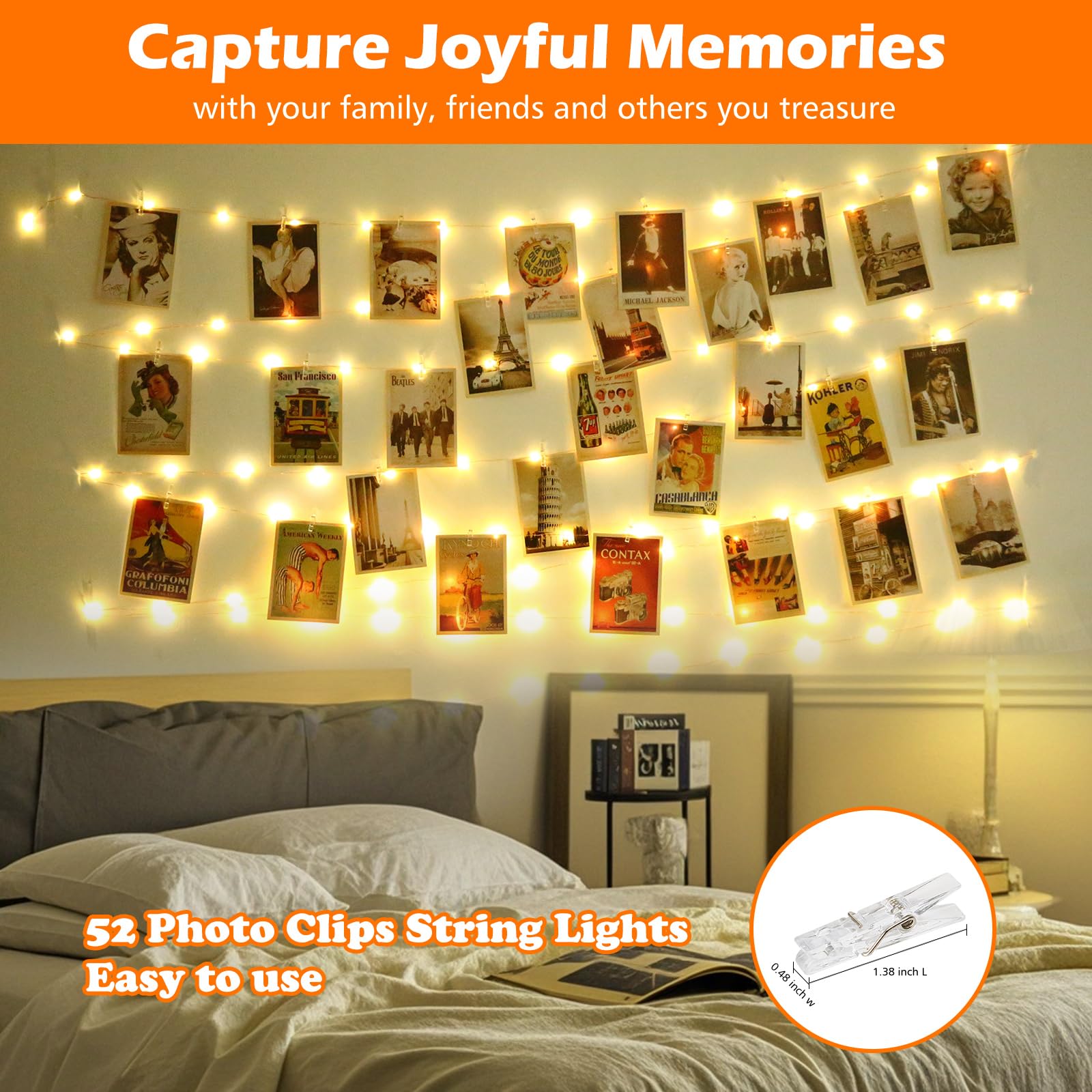 Bryubr 120 Led Photo Clips String Light With Remote, 40Ft Fairy Lights With 52 Clear Picture Clips, Timer & 8 Modes Usb Powered Copper Wire Lights For Dorm, Bedroom, Christmas, Party (Warm White)