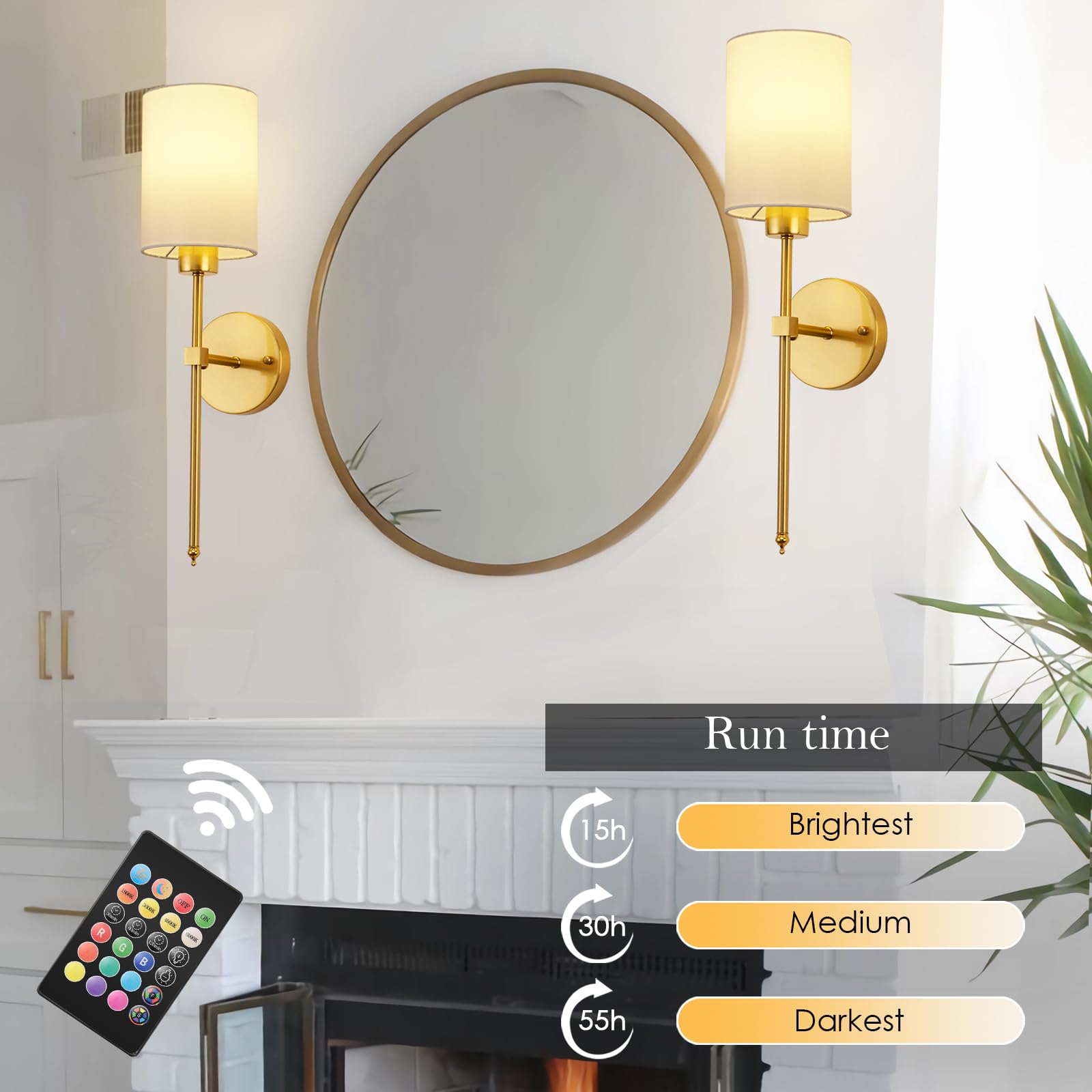 KARTOOSH Battery Operated Wall Sconces Set of Two, Dimmable Amber/White/RGB Light, 20.6 Inch, Brass, Model ZM213B