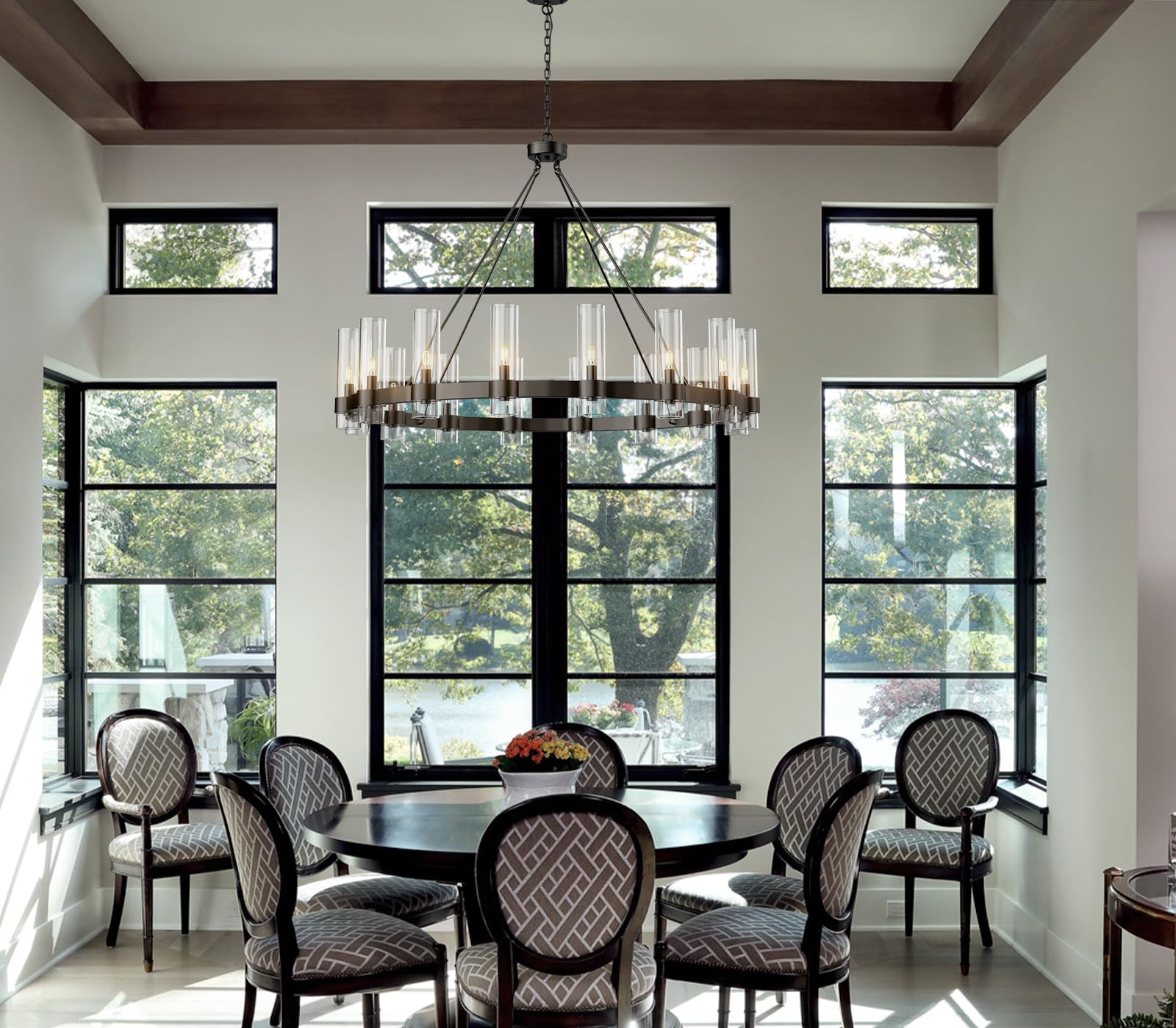 Yiosi Black Chandelier,16-Lights Wagon Wheel Chandelier With Glass Shade,48 Inch Large Round Industrial High Ceilings Pendant Li