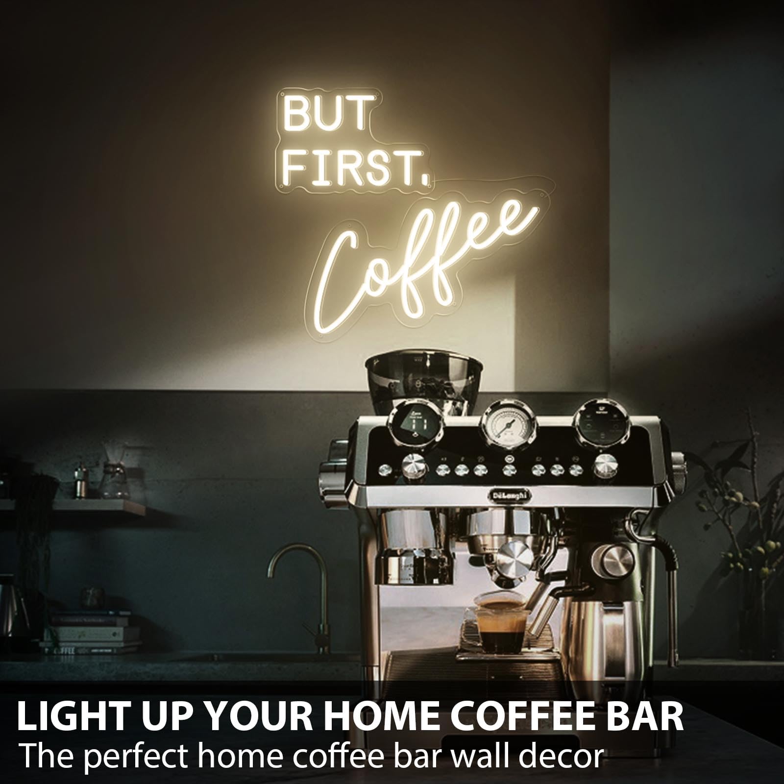 MinIeoh Neon Sign - But First Coffee - Dimmable Warm White LED - 17x16in - Silicone - Model FTNHD-BFCOFFEE