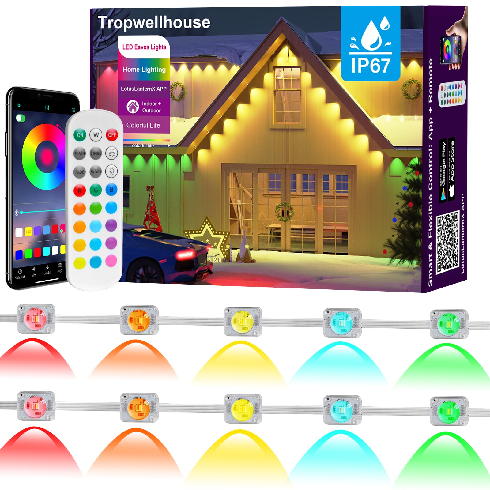 Tropwellhouse Permanent Outdoor Lights For House  200Ft Rgb Smart Led Eave Lights With App & Remote Control  Ip67 Waterproof For Outdoor Decorations Including Halloween  Christmas  And Daily Lighting