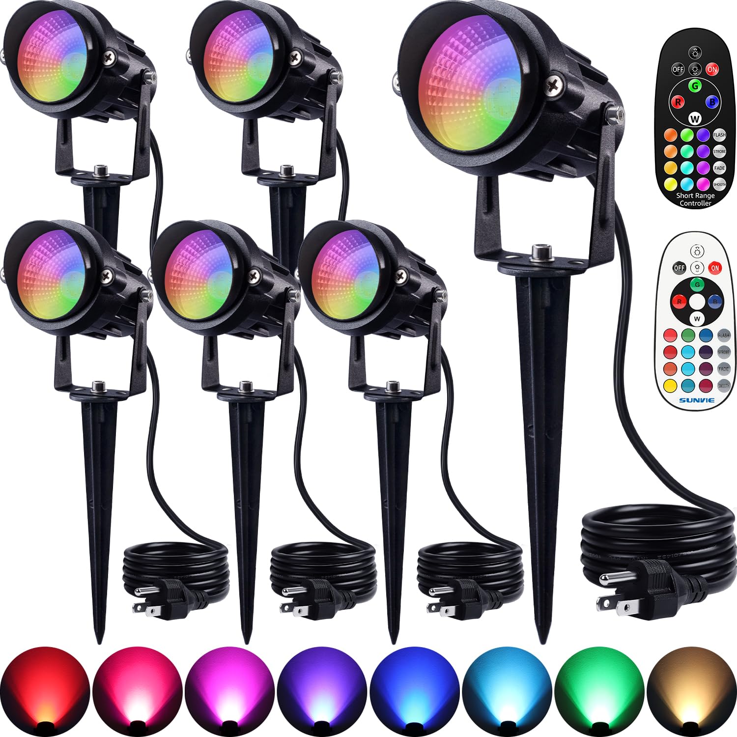 Sunvie 120V Rgb Led Landscape Spotlights With Remote, Waterproof 6 Pack For Yard & Garden