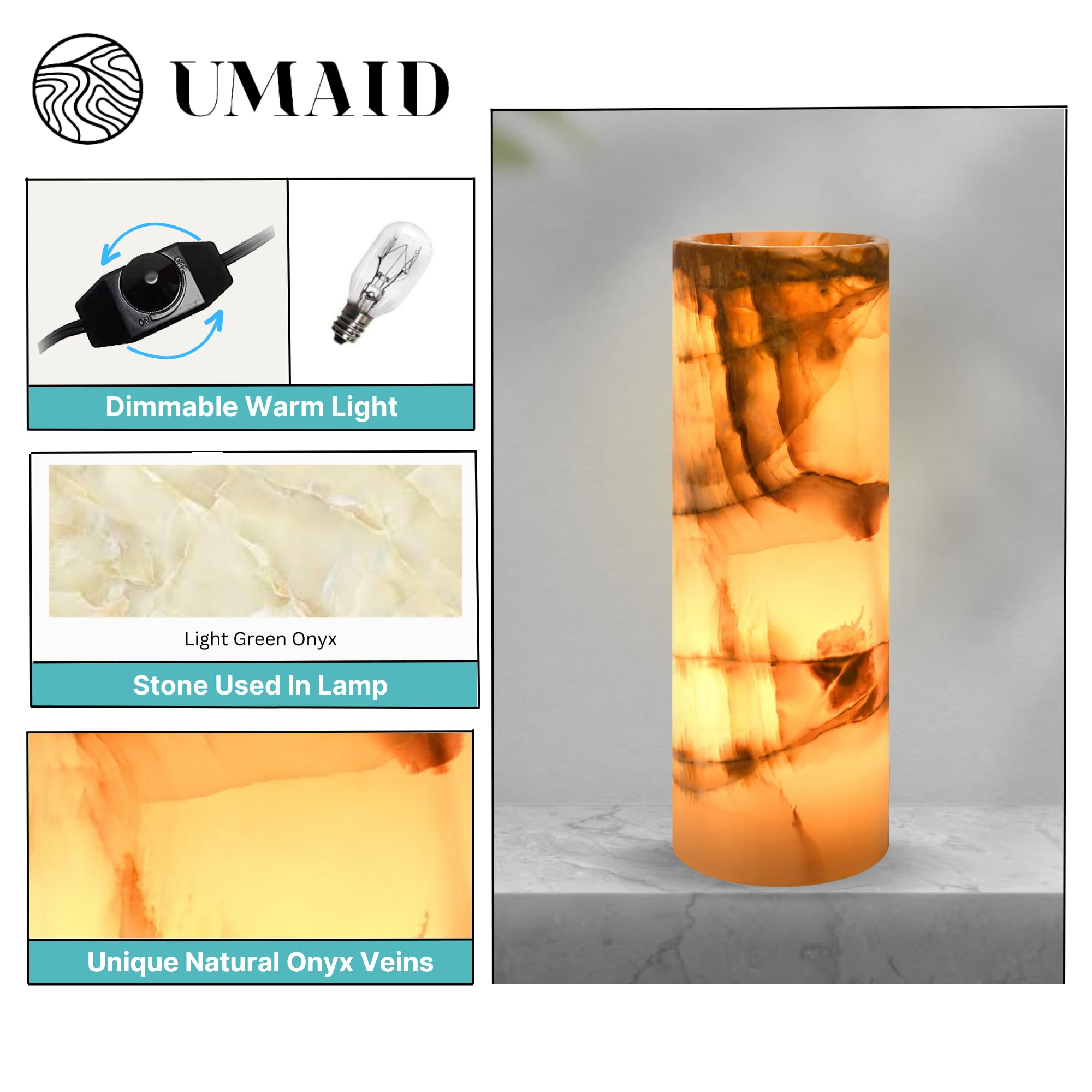 Umaid Onyx Marble Table Lamp - Dimmable, Warm Amber Glow, Unique Home Decor For Office & Bedroom